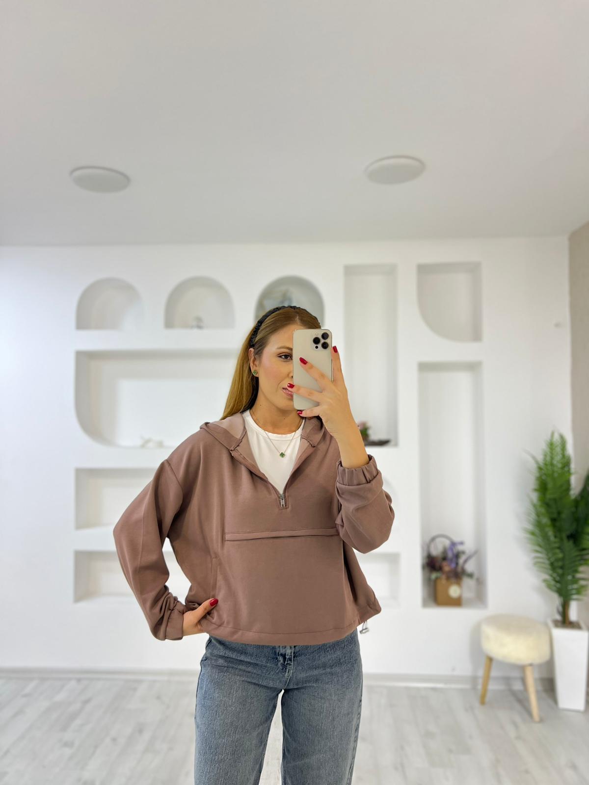 Modal Kumaş Yarım Fermuarlı Kanguru Cep Sweat - Kahverengi