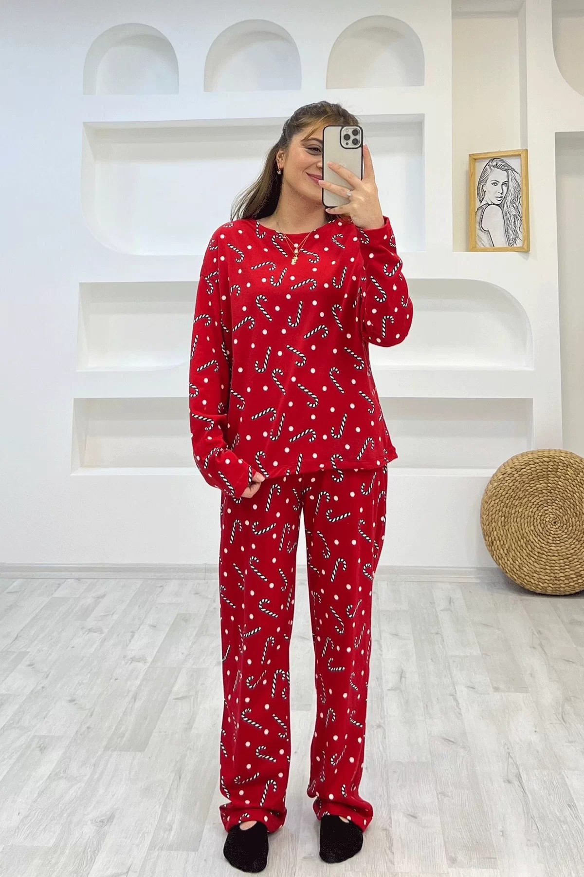 Noel Şekeri Desenli Pijama Takımı Kırmızı