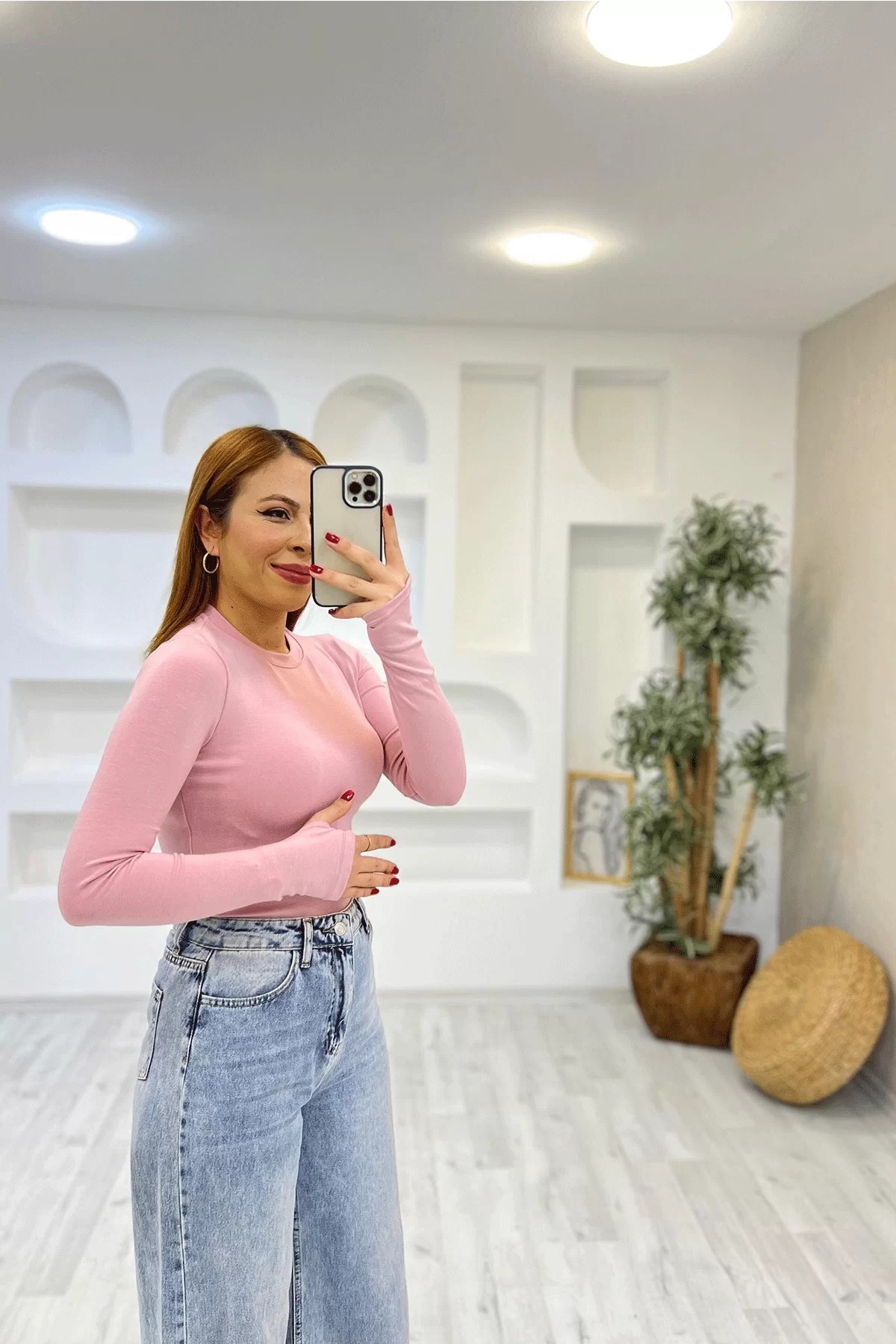Oysho Parmak Geçmeli Uzun Kol Bady Pembe