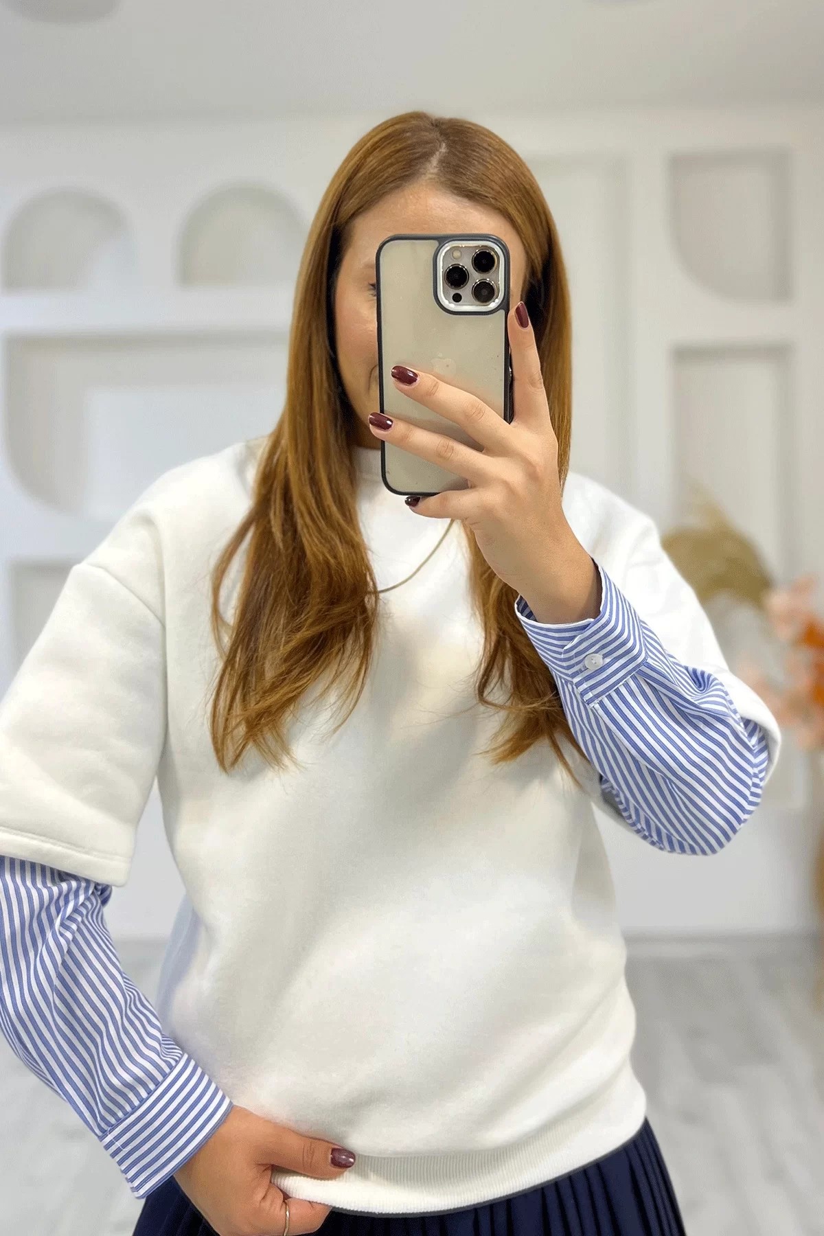 Orijinal Marka Gömlek Kol Beyaz Sweatshirt