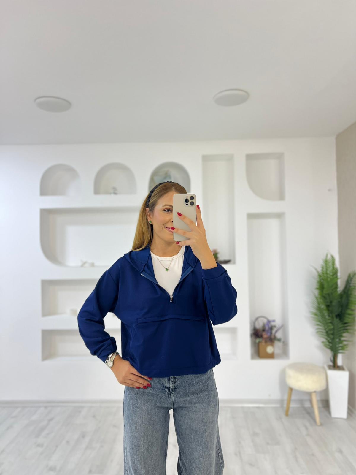 Modal Kumaş Yarım Fermuarlı Kanguru Cep Sweat - Lacivert