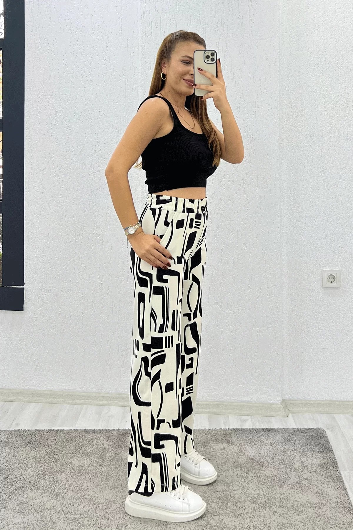 Krep Kumaş Leopar Beyaz Pantolon