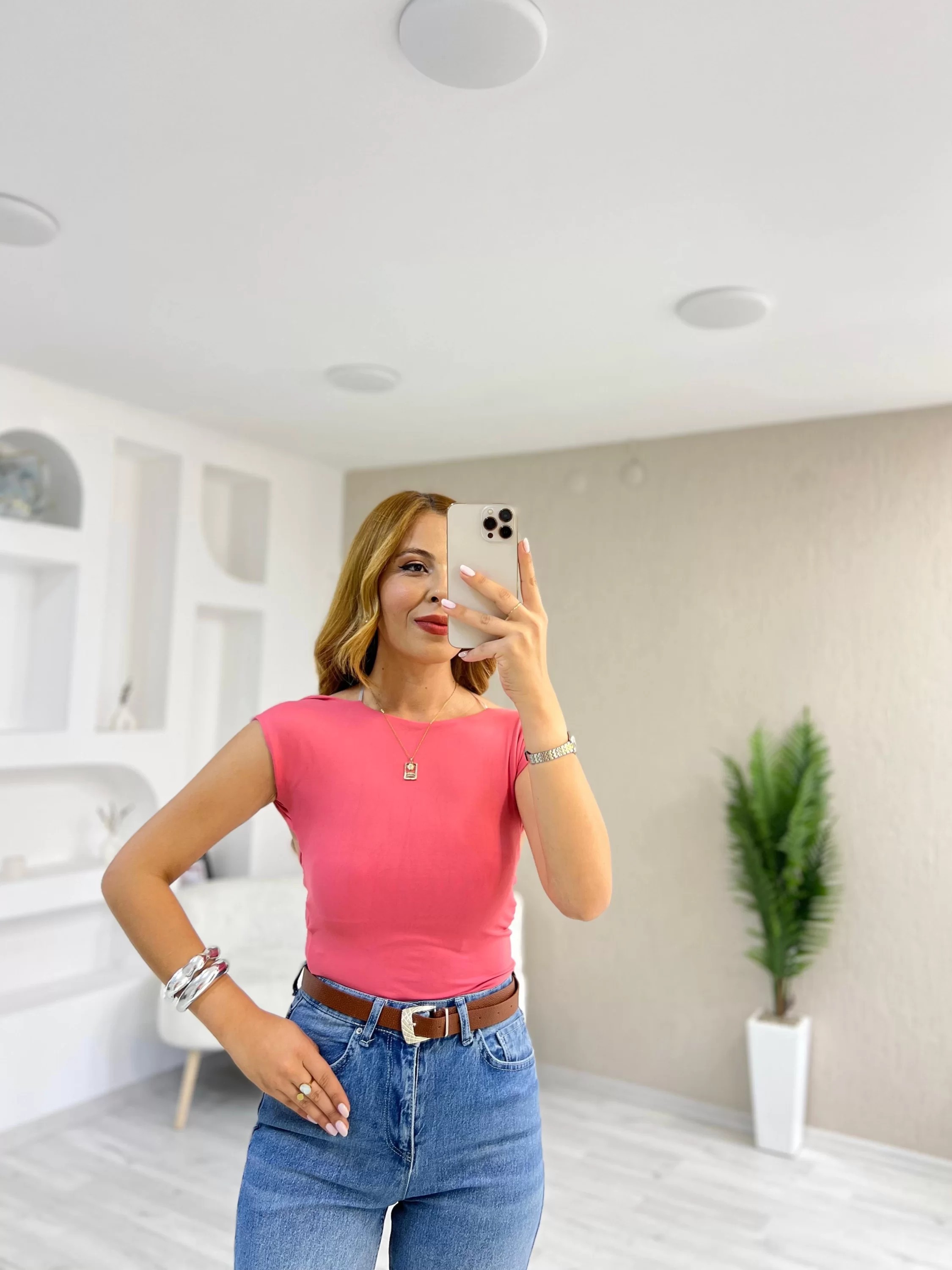 Sırt Dekolteli Sandy Kumaş Bluz Pembe