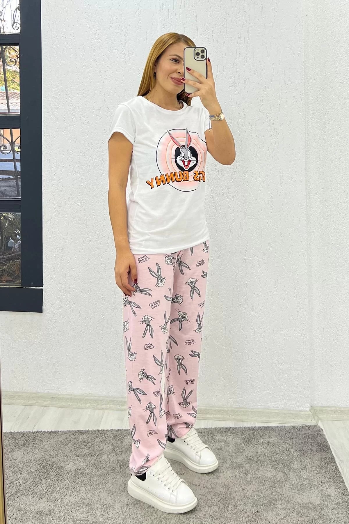 Yarım Kollu Baskılı Pijama Takımı Pembe