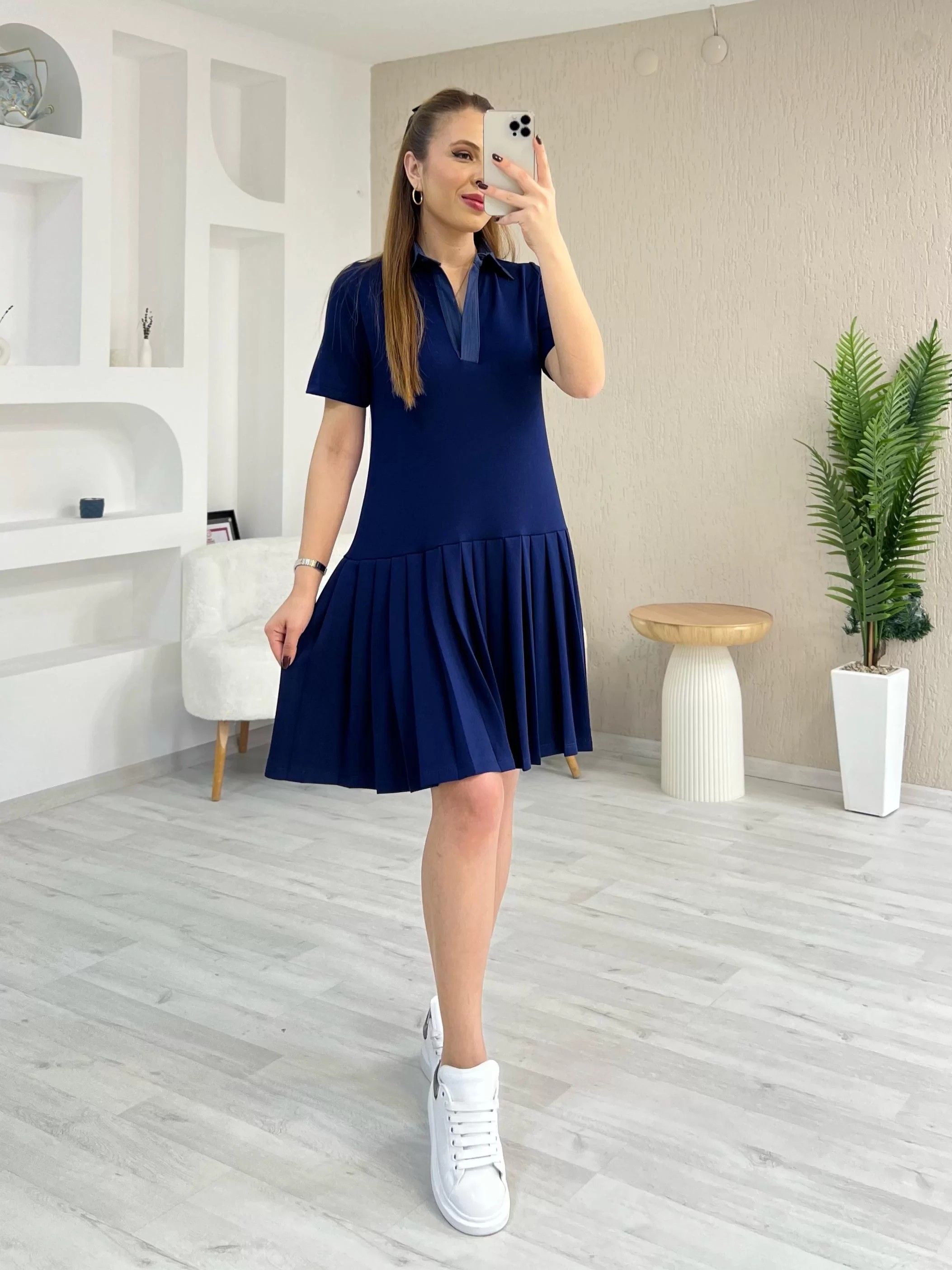 Pileli Polo Yaka Elbise Mavi