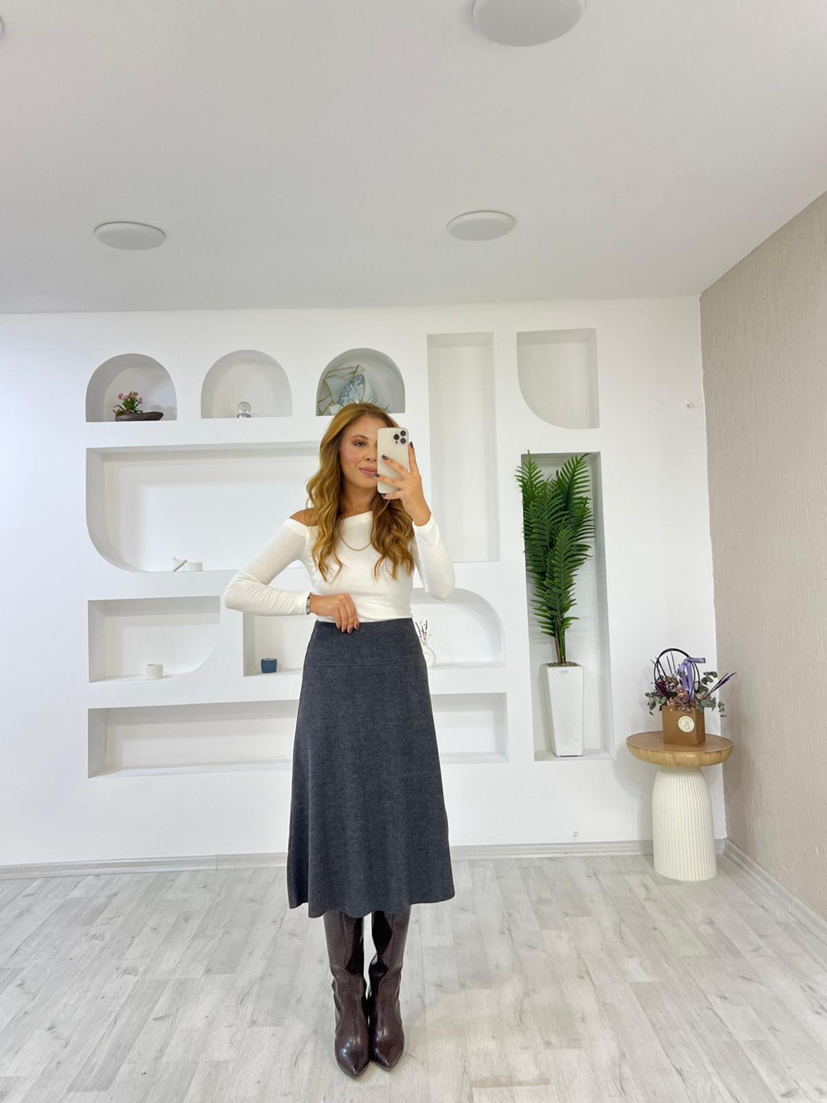 ZR Orjinal Marka Bel Korsajlı Midi Boy Etek - Antrasit