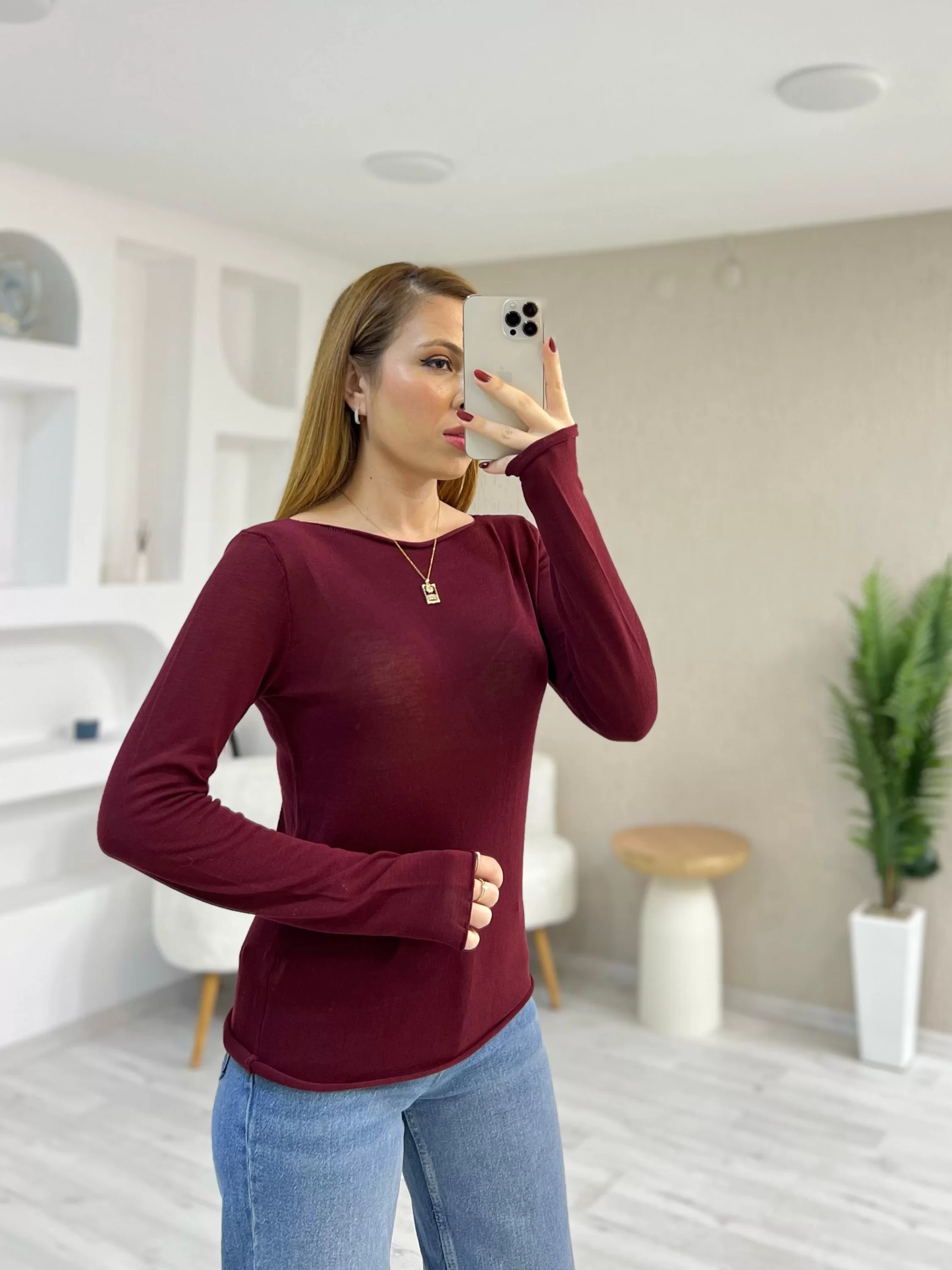 Kayık Yaka Transparan Bluz Bordo