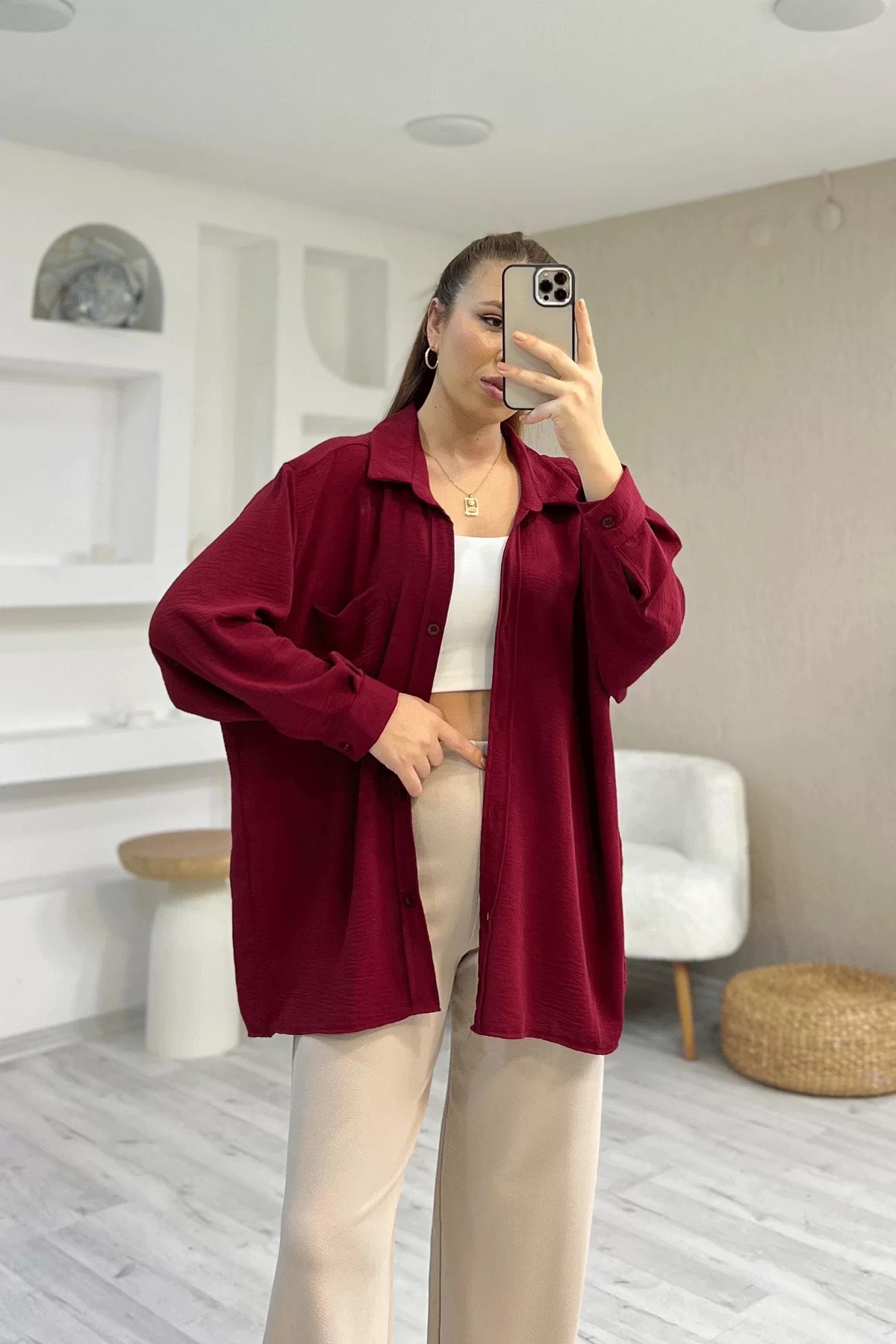 Ayrobin Kumaş Tek Cep Oversize Bordo Gömlek