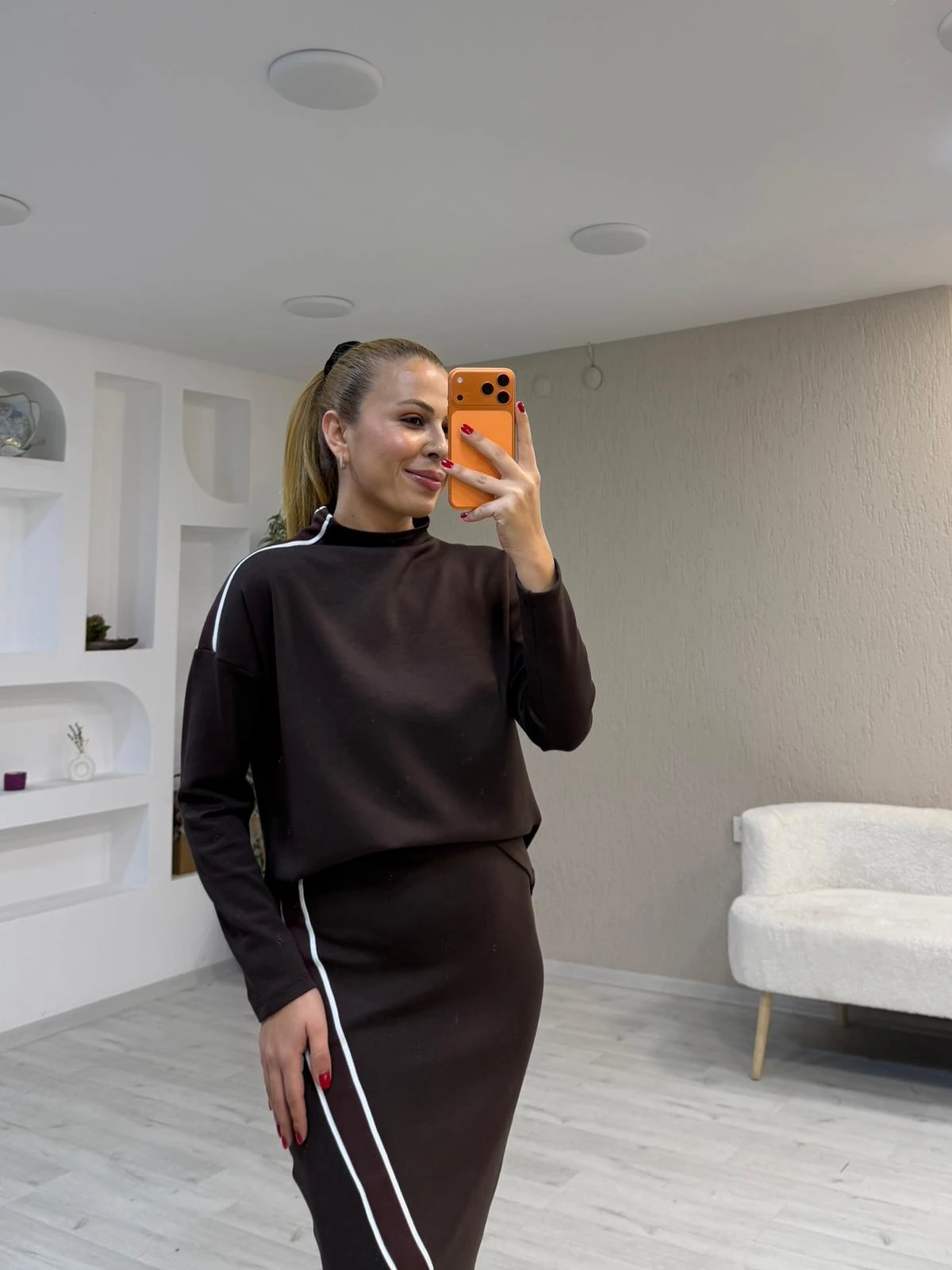 Şerit Detay Yırtmaçlı Etek Takım