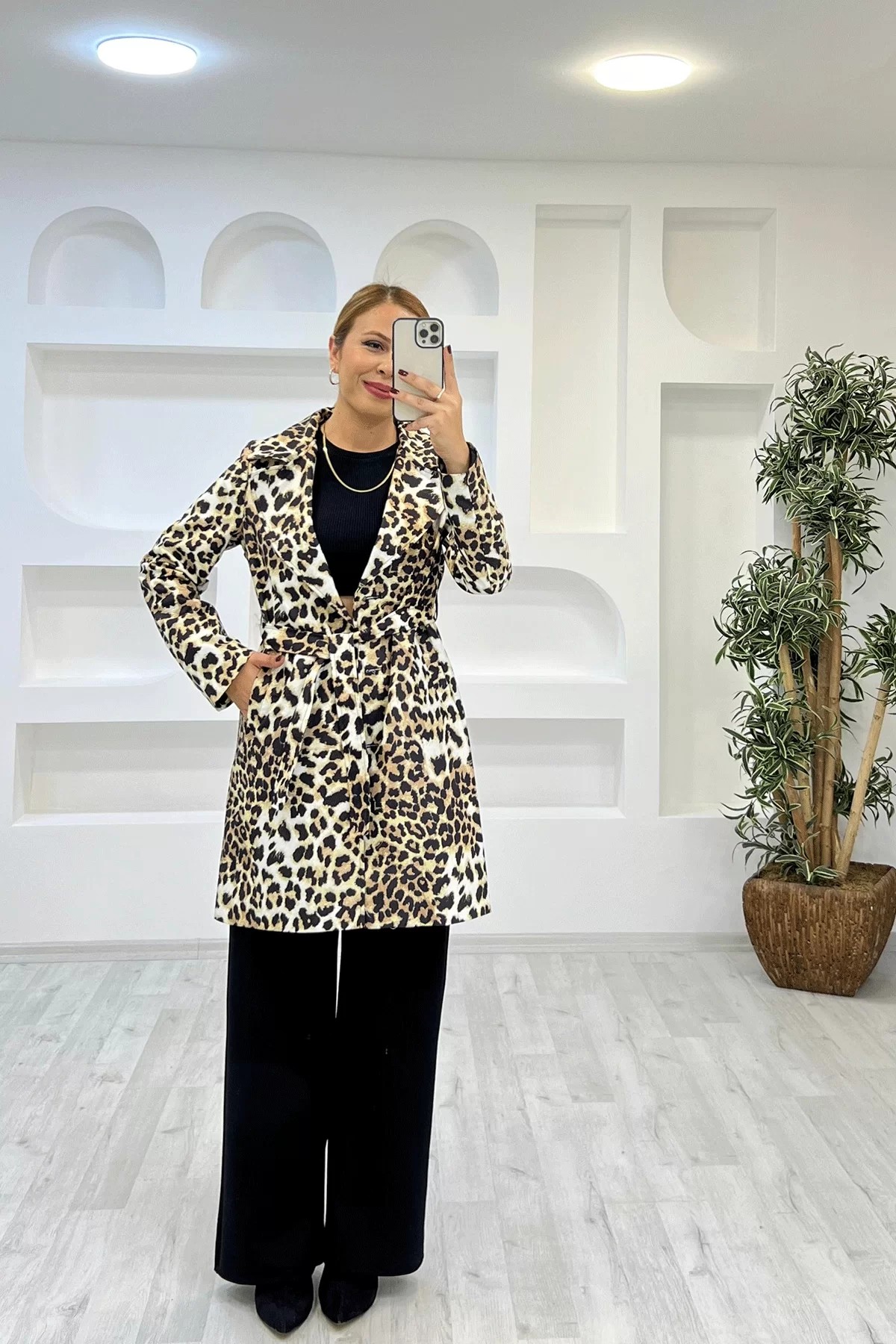 Leopar Desen Trenç Ceket