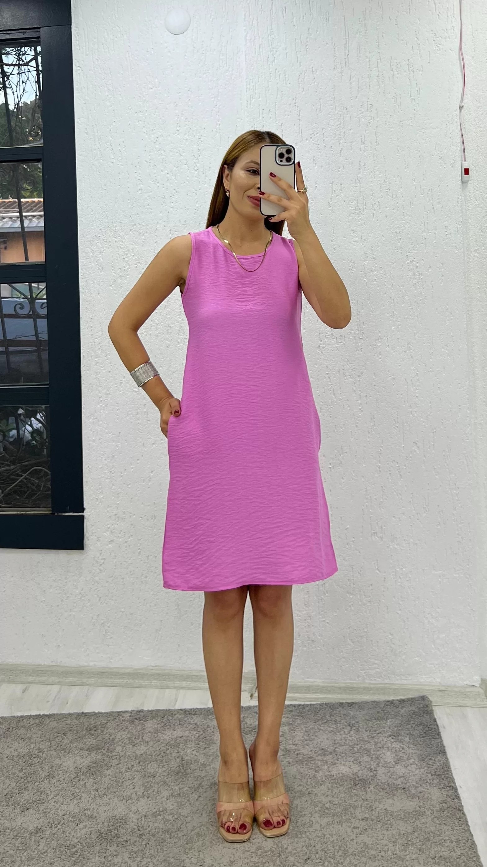 Ayrobin Keten Kumaş Cepli Bisiklet Yaka Elbise Pembe