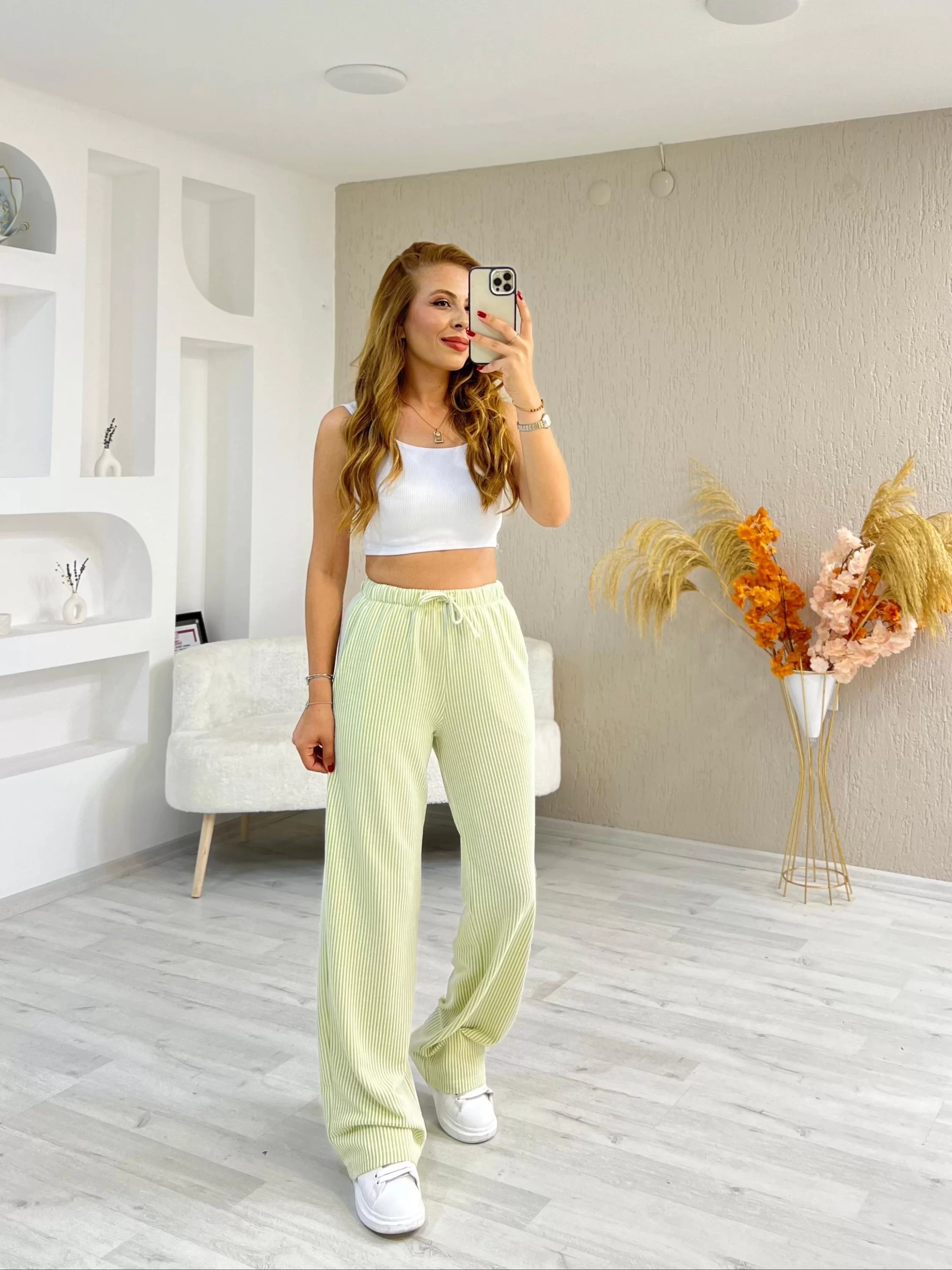 Stradivarius Çizgili Pantolon Açık Yeşil