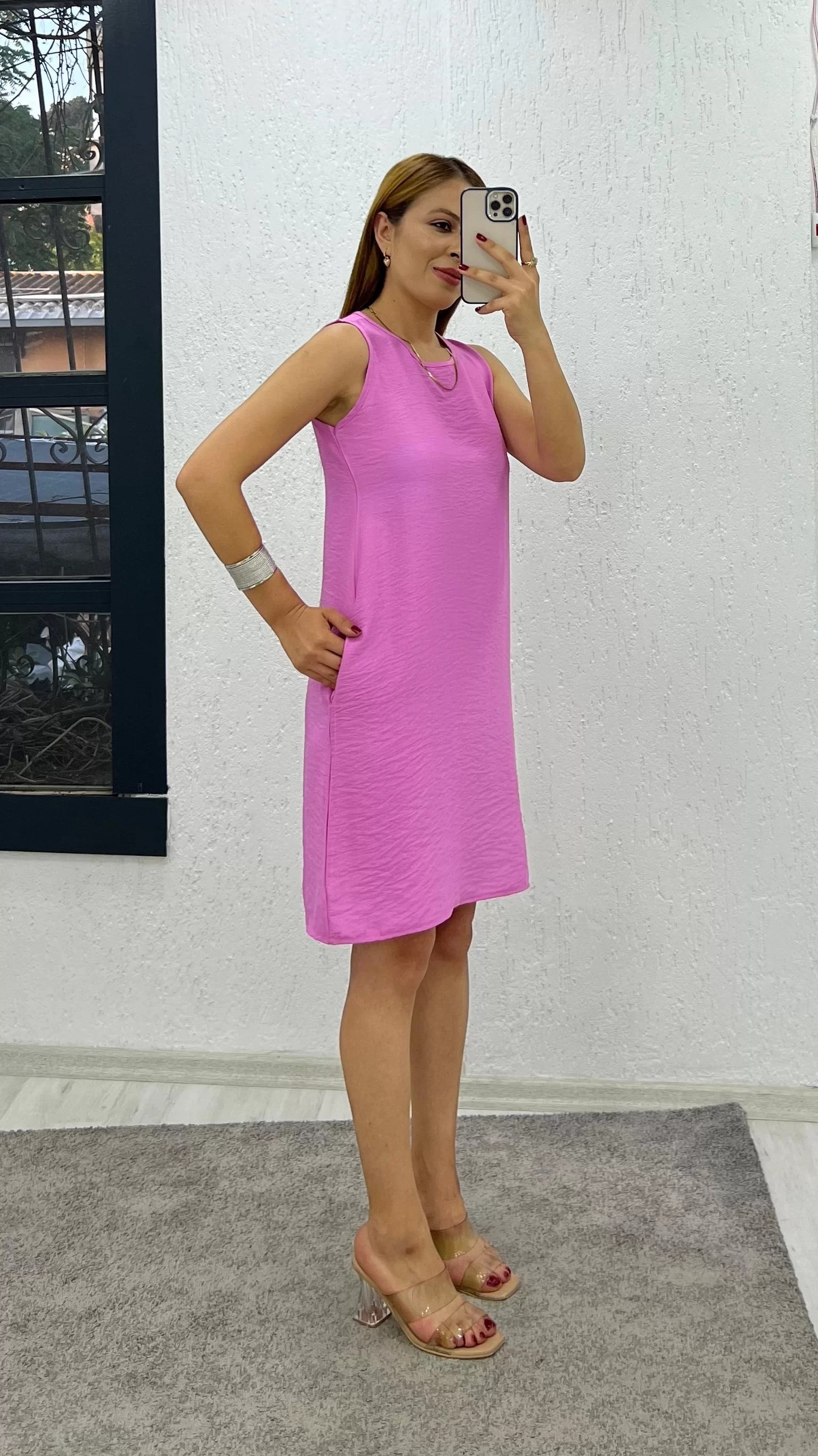 Ayrobin Keten Kumaş Cepli Bisiklet Yaka Elbise Pembe