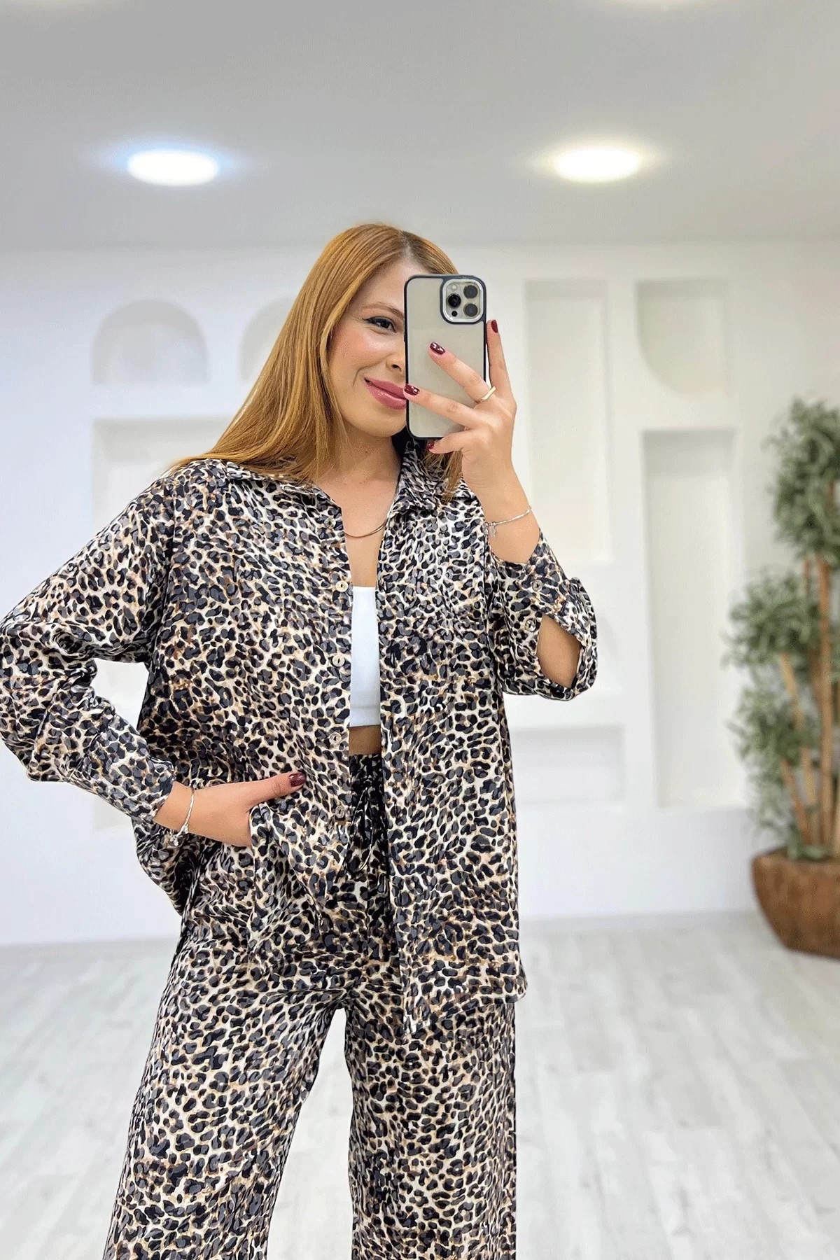Leopar Gömlek Pantolon Kahverengi İkili Takım