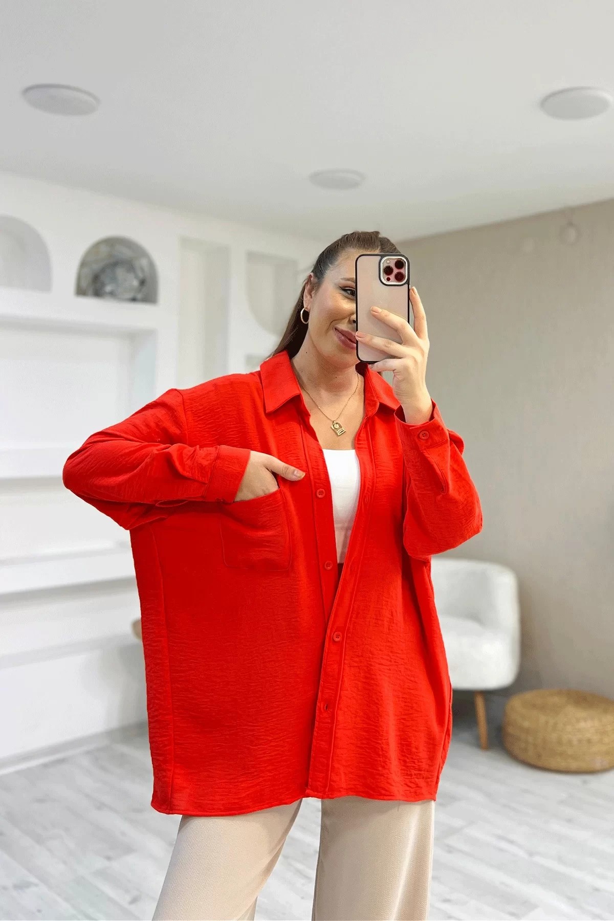 Ayrobin Kumaş Tek Cep Oversize Kırmızı Gömlek