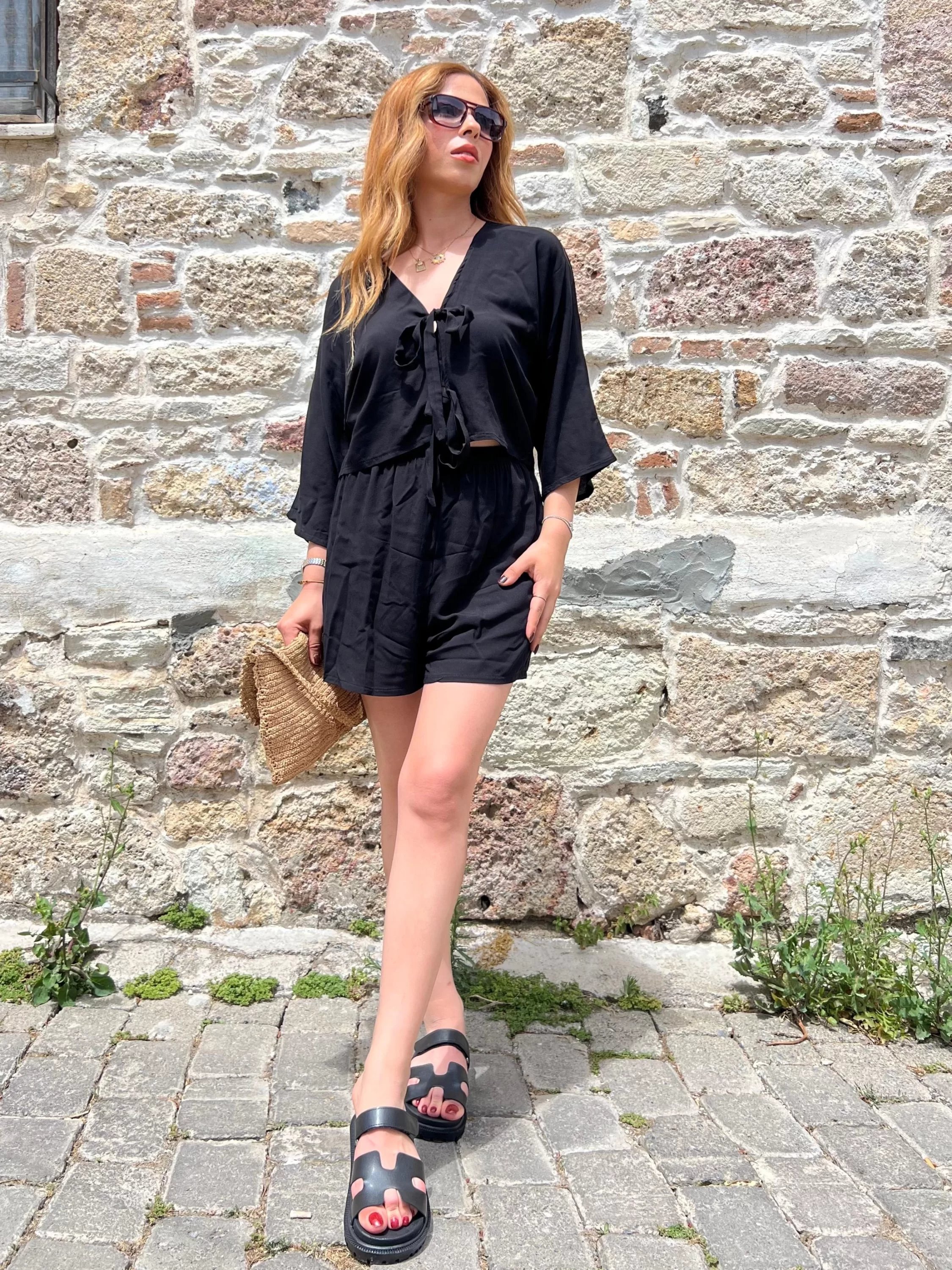 Desenli Kimono Şortlu Takım Siyah