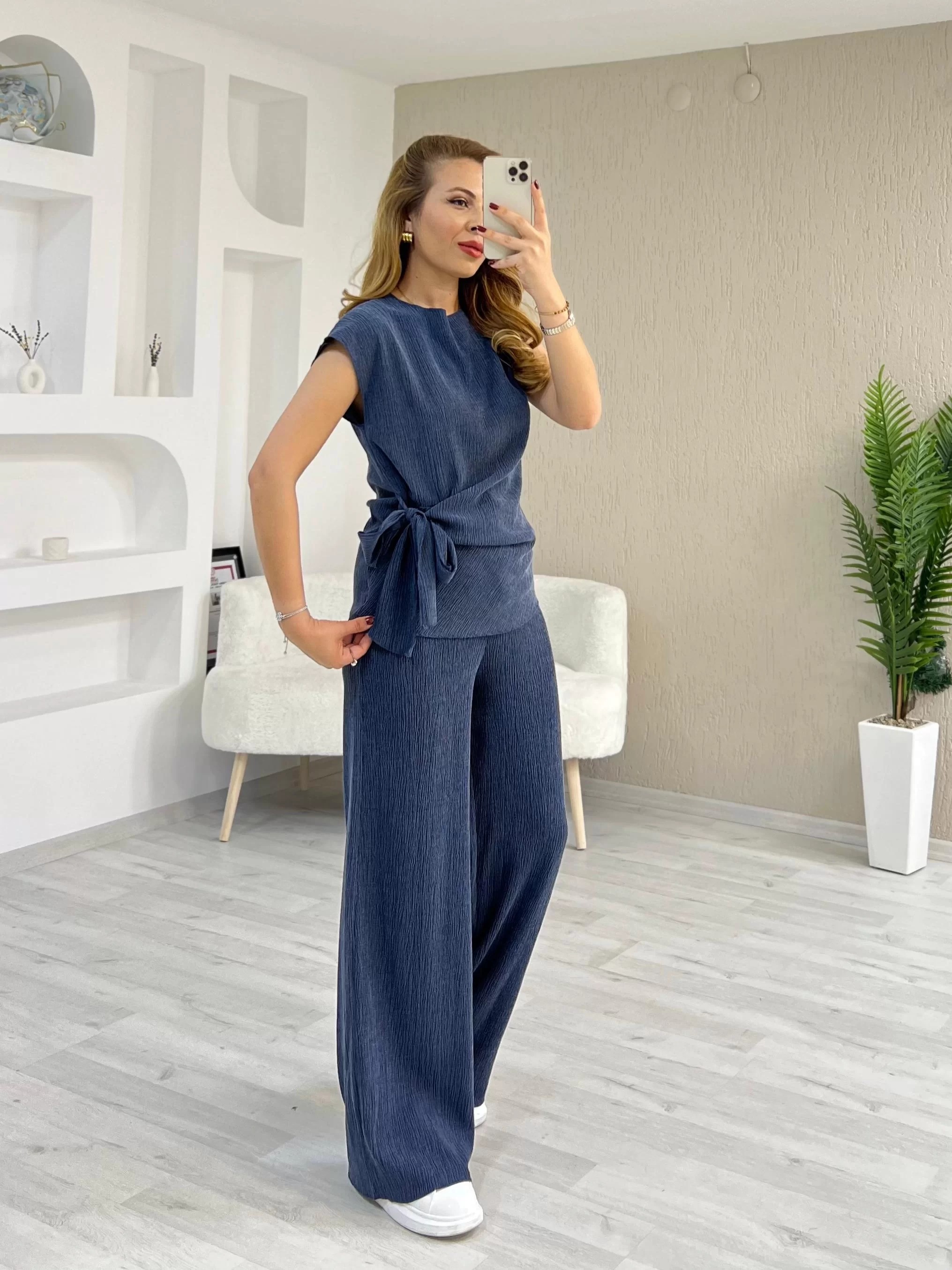 Bağlama Detaylı Krinkıl Kumaş Bluz Pantolon Takım Lacivert