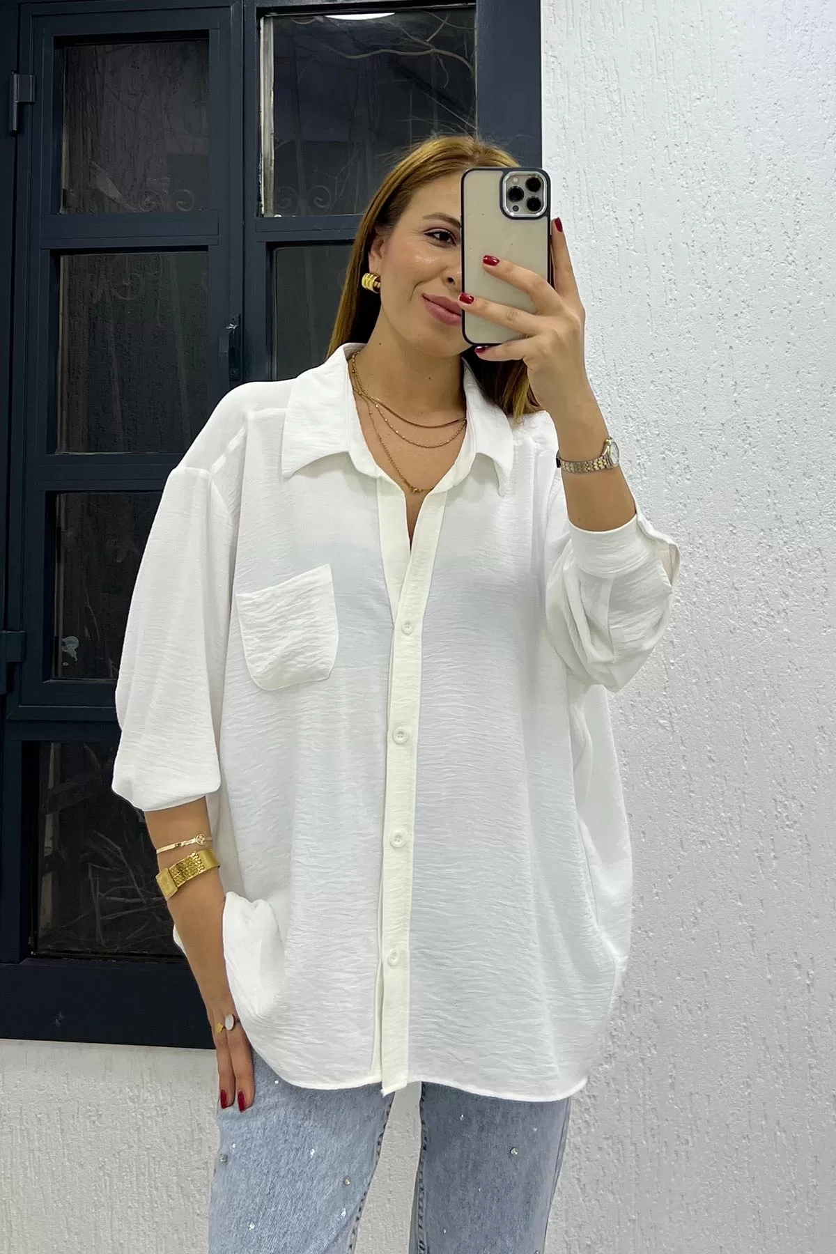 Ayrobin Kumaş Tek Cep Oversize Gömlek Beyaz