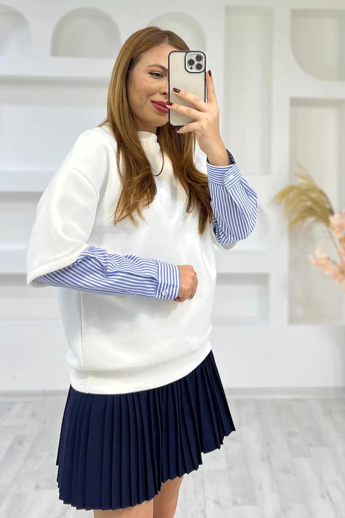 Orijinal Marka Gömlek Kol Beyaz Sweatshirt