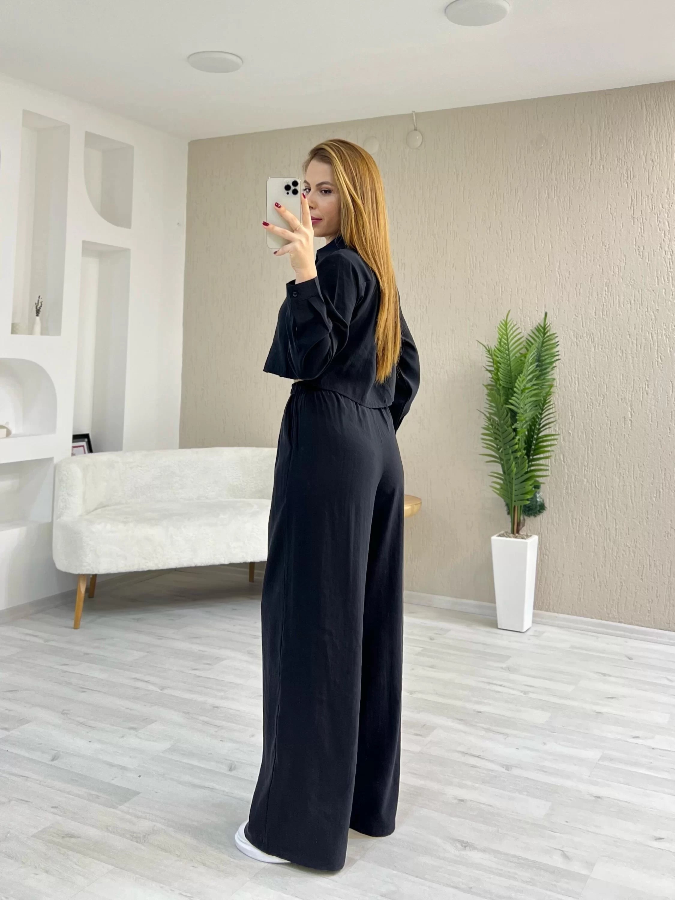 Tensel Kumaş Crop Takım Siyah