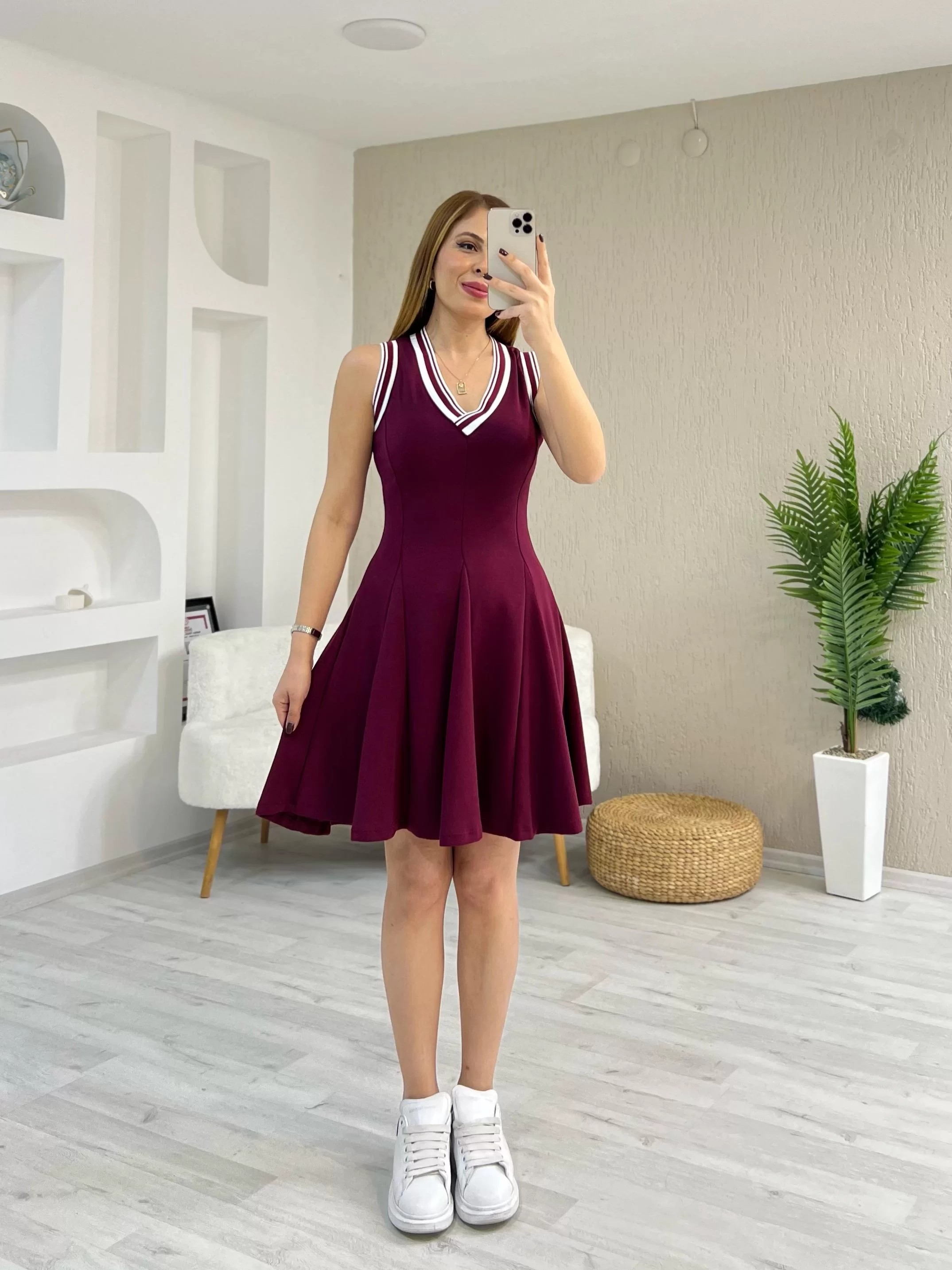 Modal Kumaş Ribanalı Dilimli Elbise Bordo