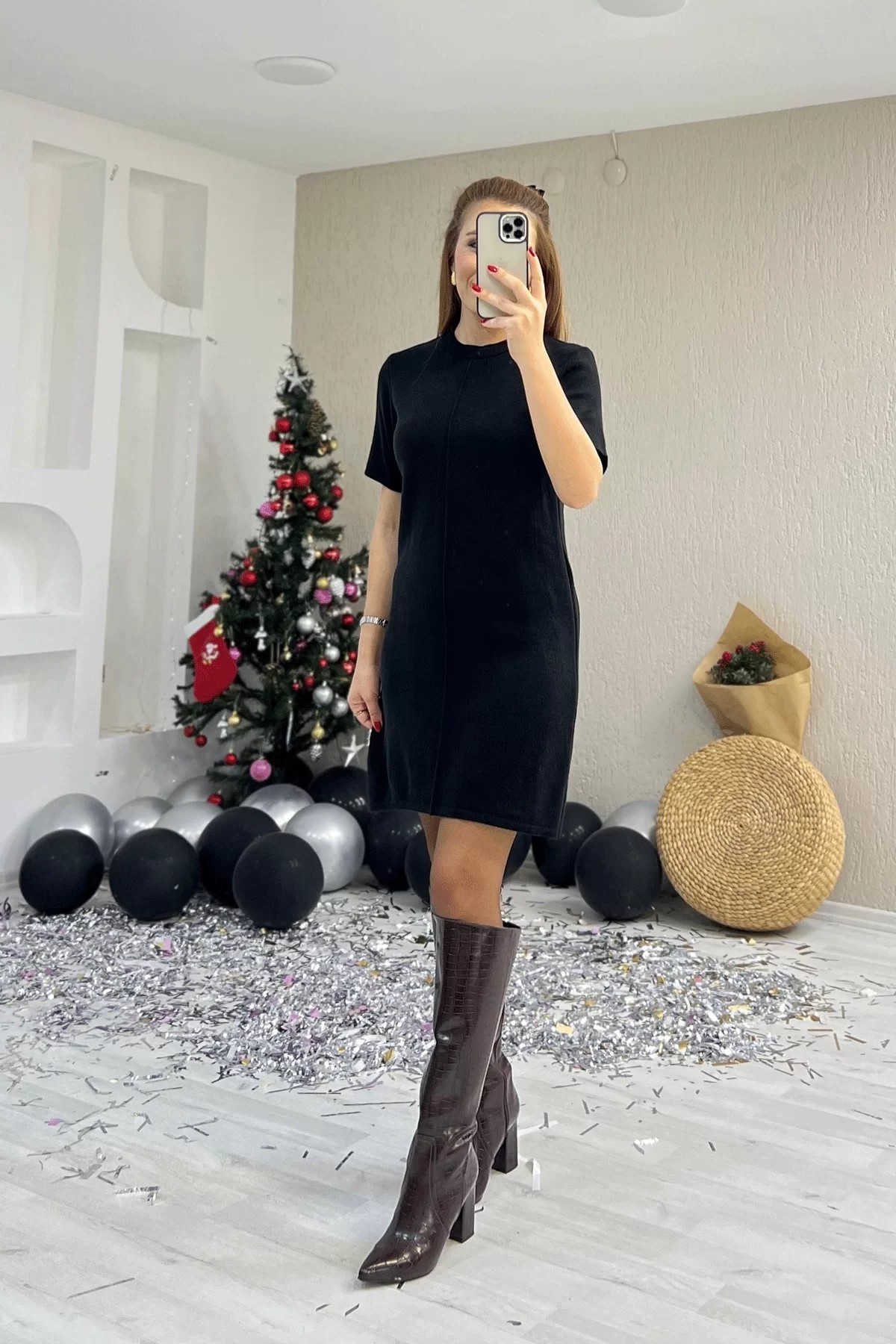 Dikiş Detaylı Triko Siyah Elbise