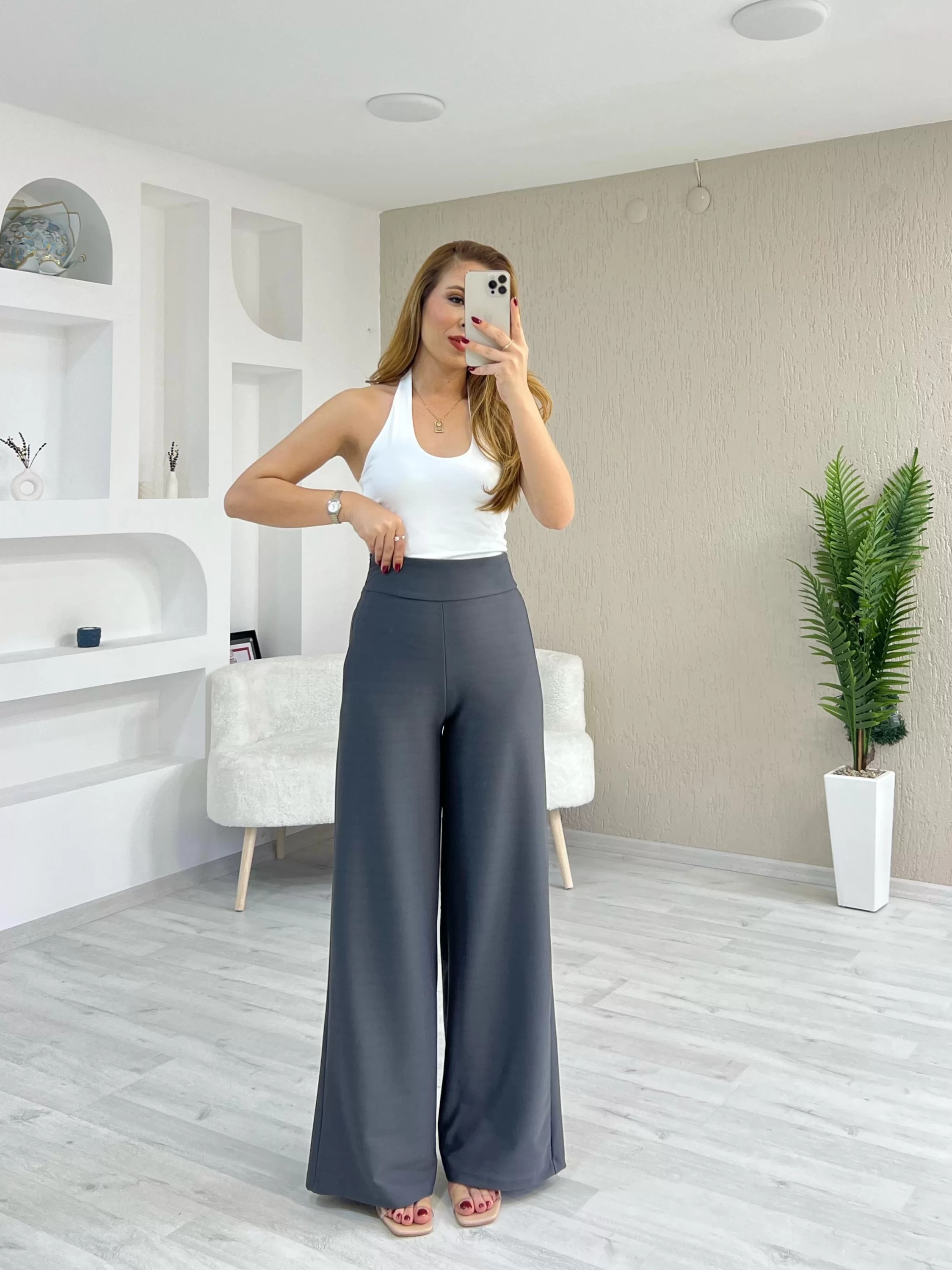 Bel Korsajlı Bol Paça Pantolon Antrasit