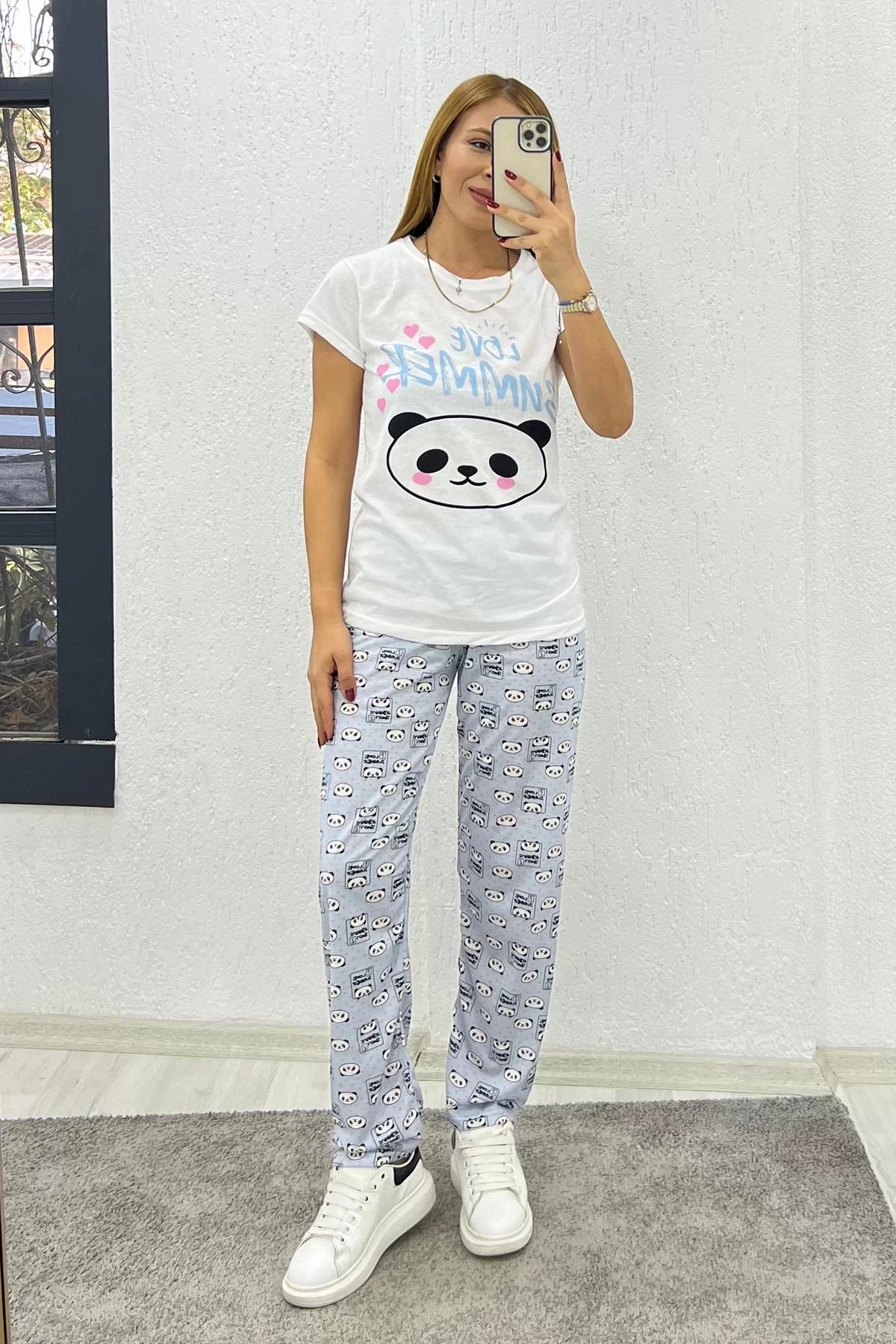 Yarım Kollu Baskılı Pijama Takımı Mavi