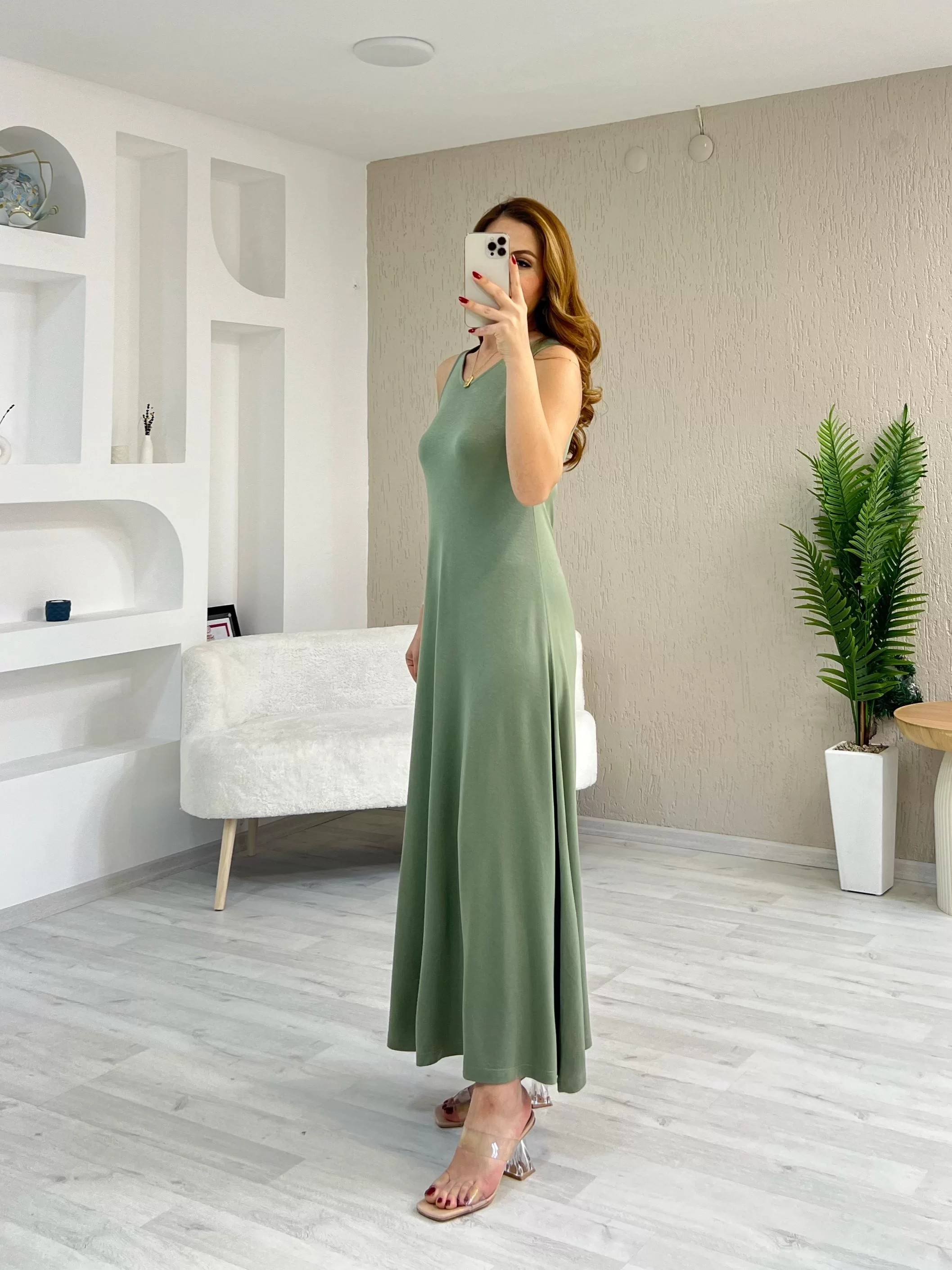 Oysho Kumaş Arka Düğmeli Elbise Yeşil