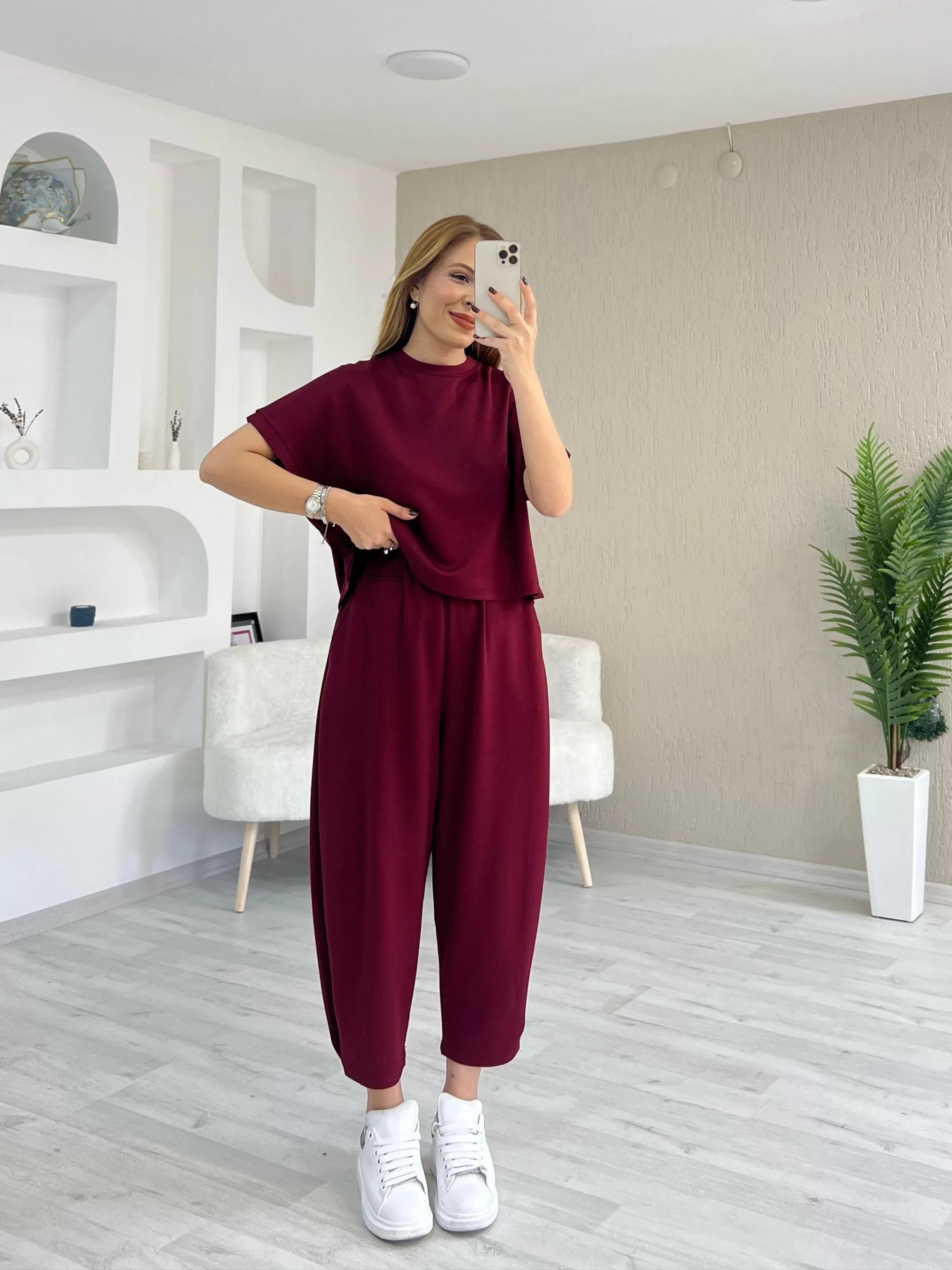 Modal Kumaş Şalvar Takım Bordo
