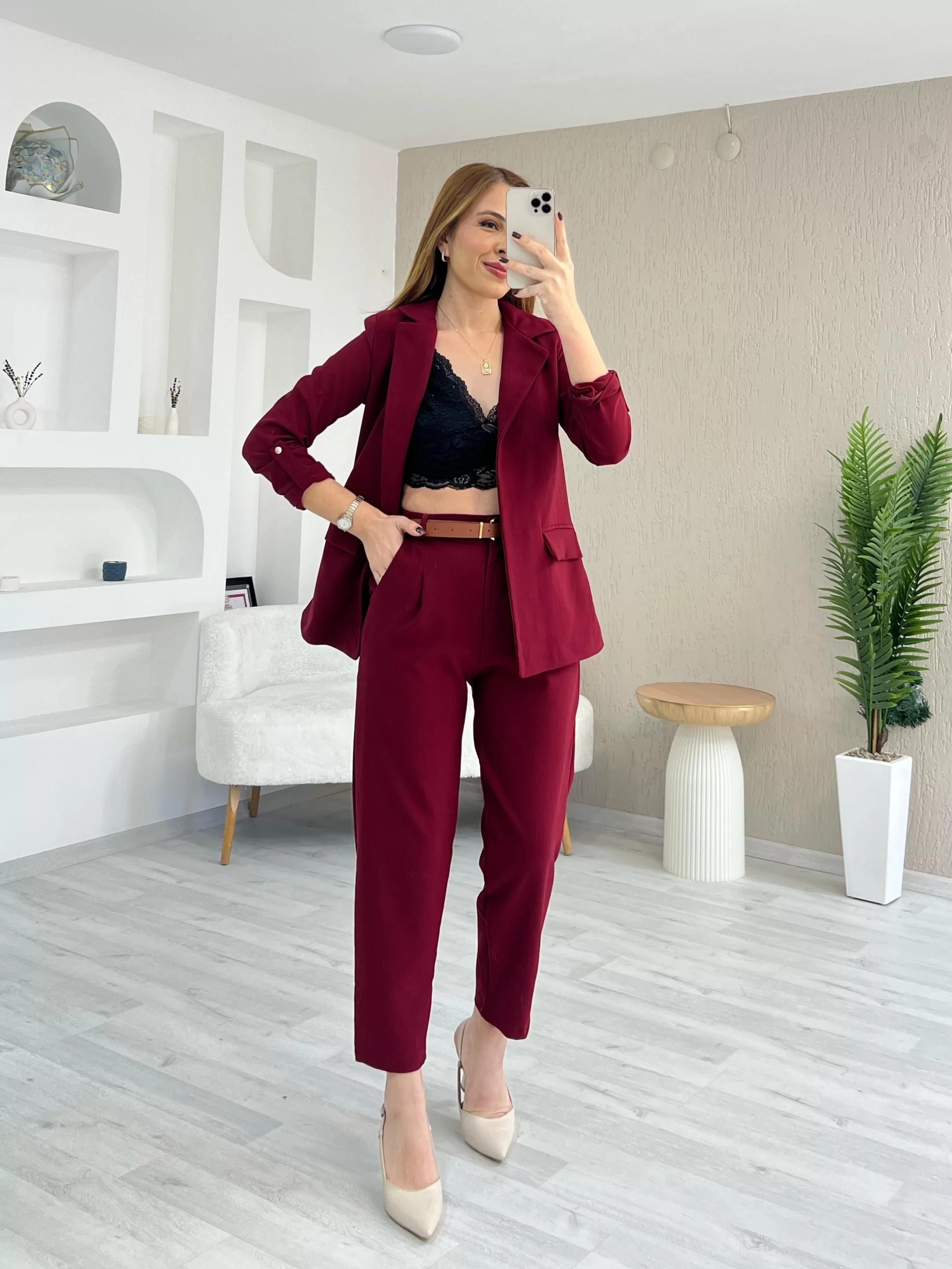 Orjinal Marka ZR Blazer Ceket Havuç Pantolon Takım Bordo