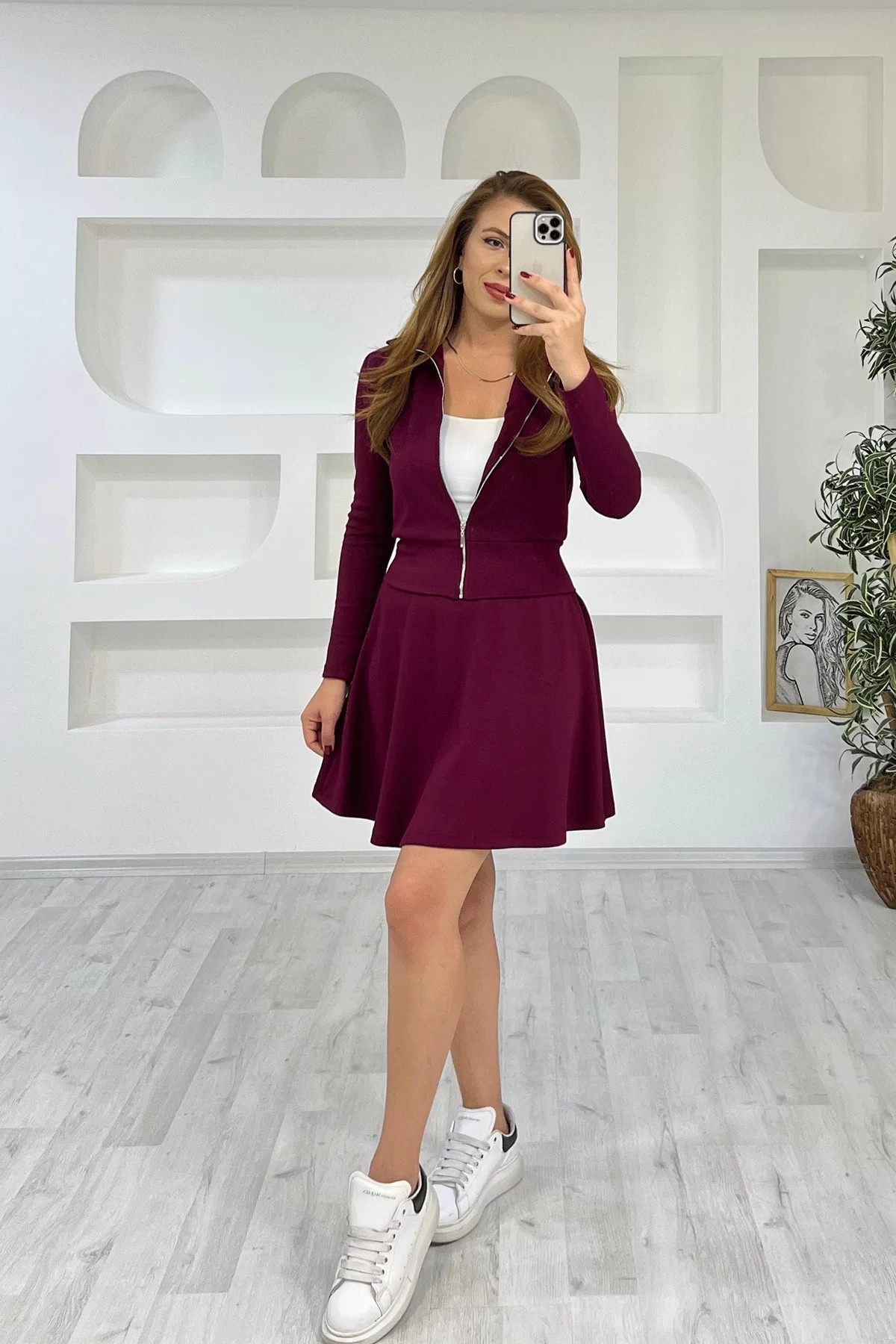 Fermuarlı Etek Ceket Bordo Takım