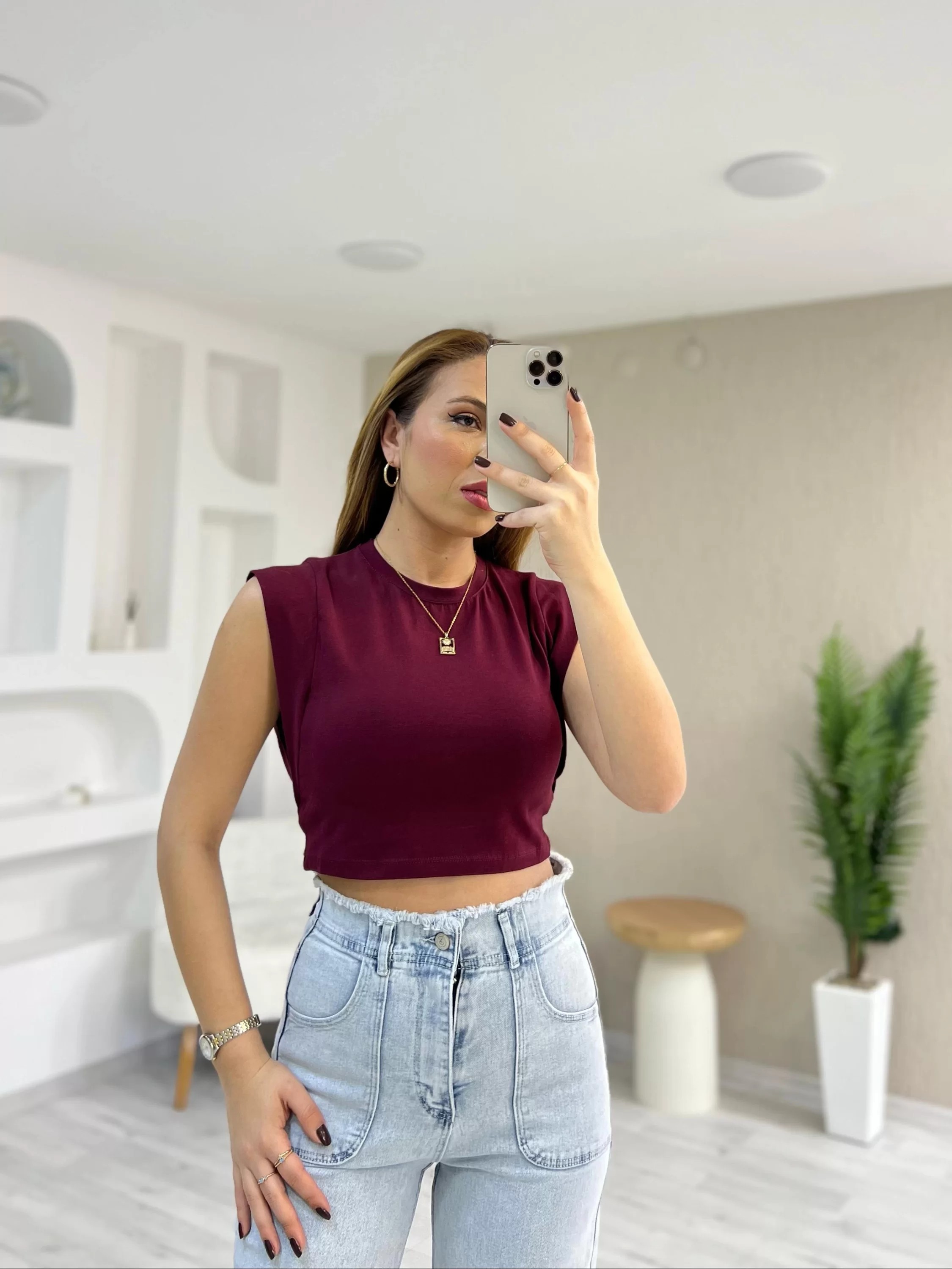 T Kol Crop Bluz Bordo