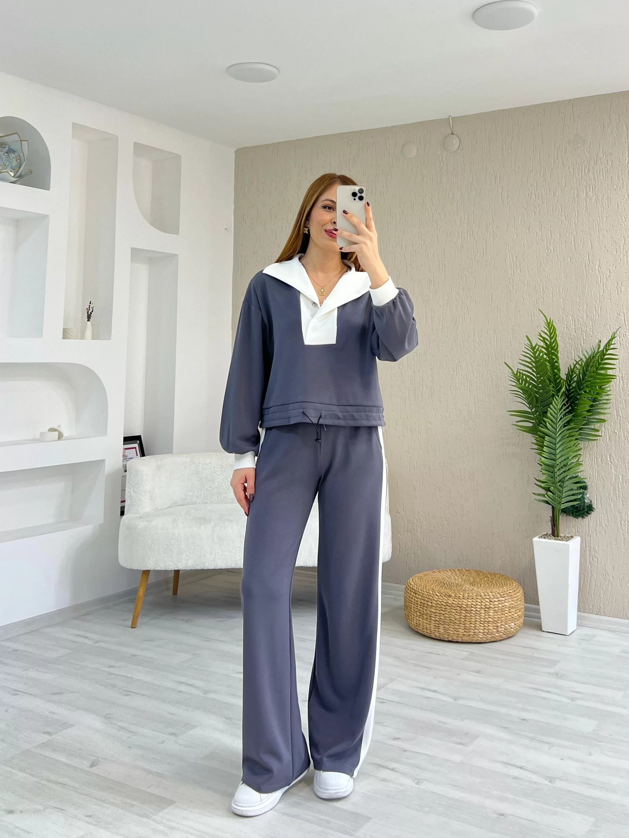 Patlı Garnili Modal Takım Gri