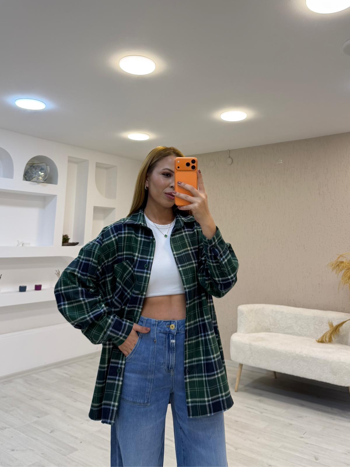 Ekose Pamuk Oversize Gömlek - Yeşil