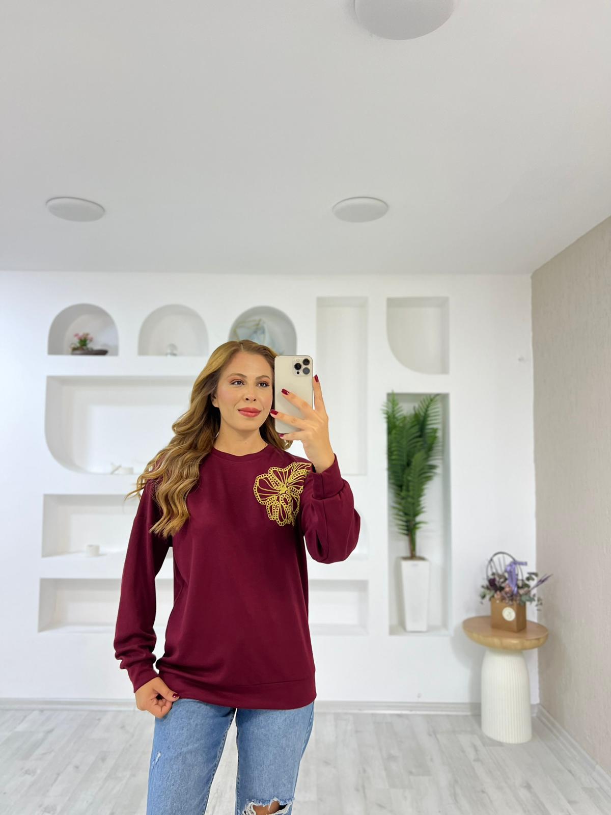 Süzene Çiçek Nakışlı Sewat - Bordo