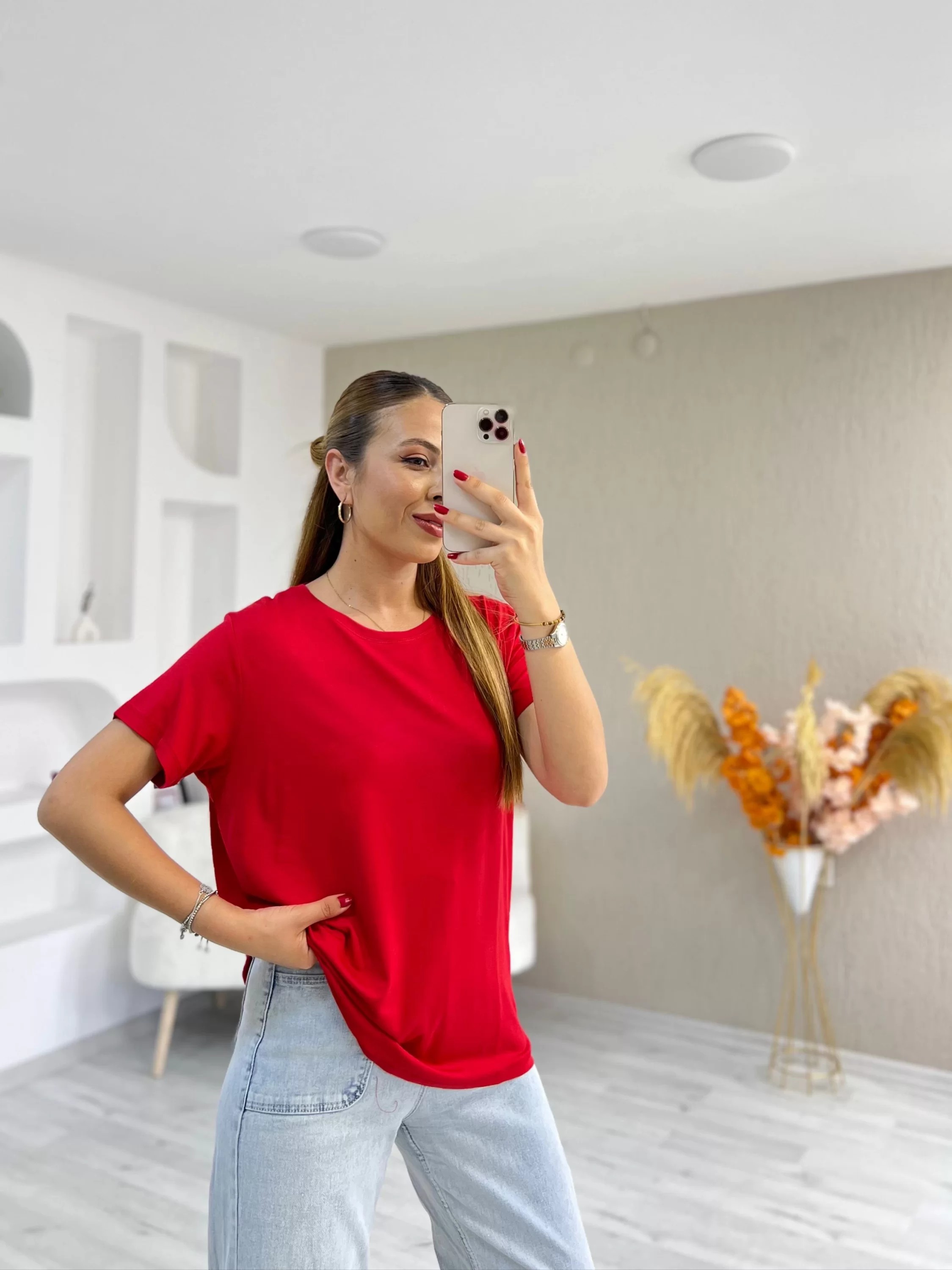 Bisiklet Yaka Viskon Kumaş Basic Tshirt Kırmızı