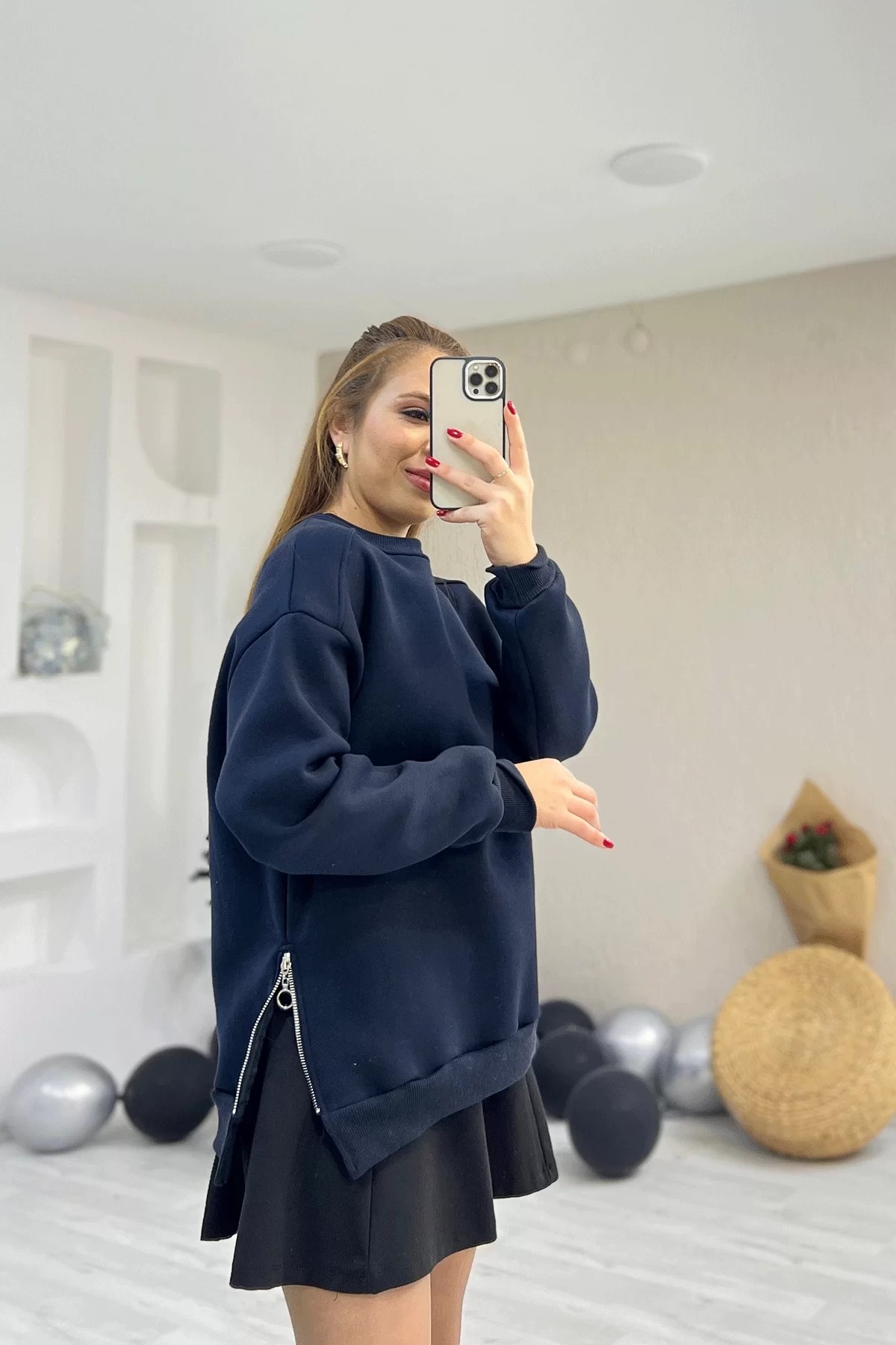 Yan Fermuarlı Lacivert Sweatshirt