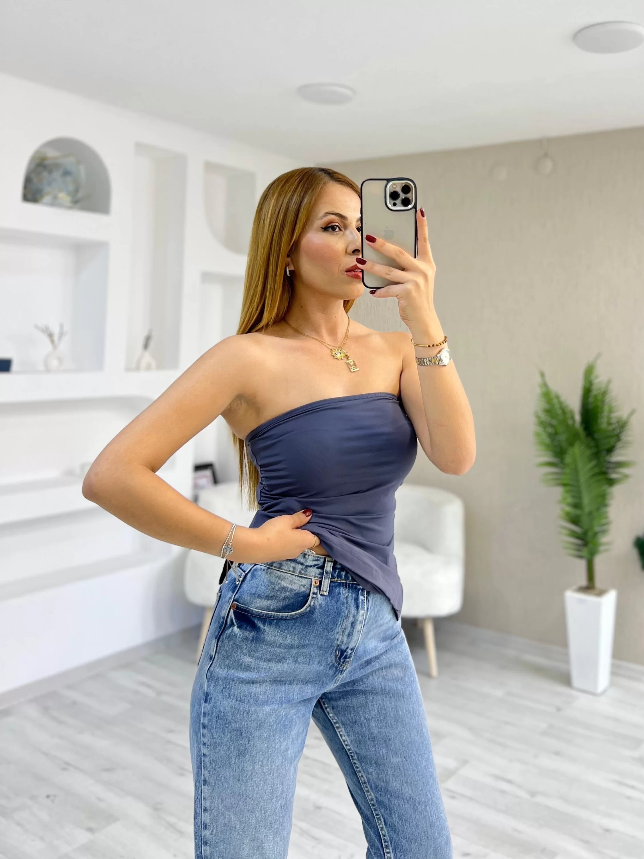 Straplez Yanı Yırtmaçlı Sandy Kumaş Bluz Antrasit