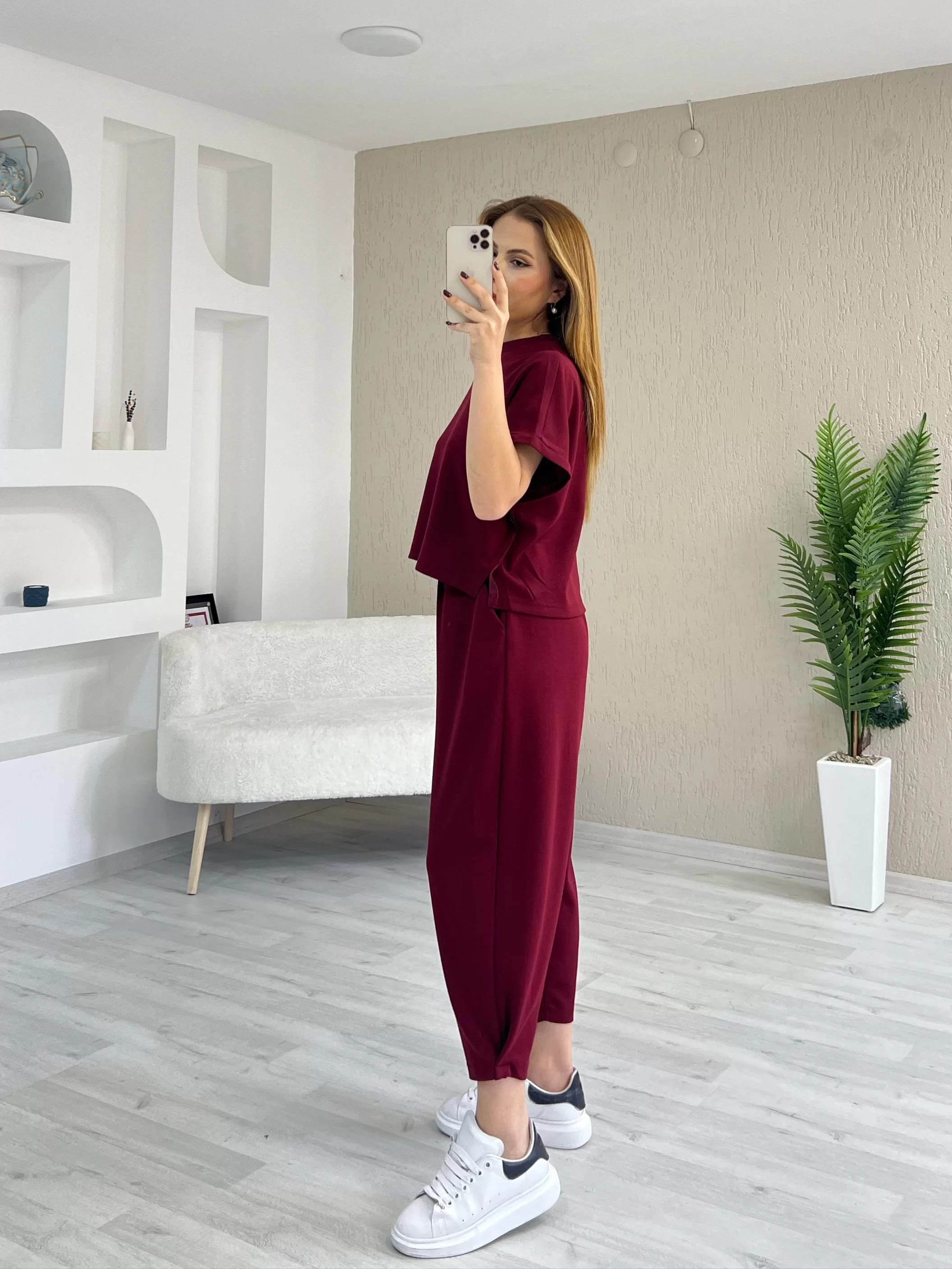 Modal Kumaş Şalvar Takım Bordo