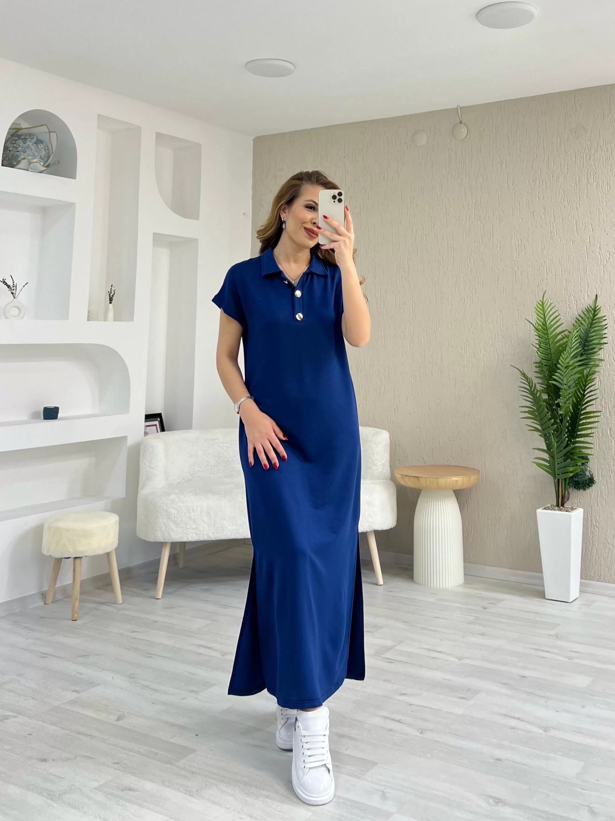 Polo Yaka Gold Düğmeli Yırtmaçlı Elbise Saks Mavi