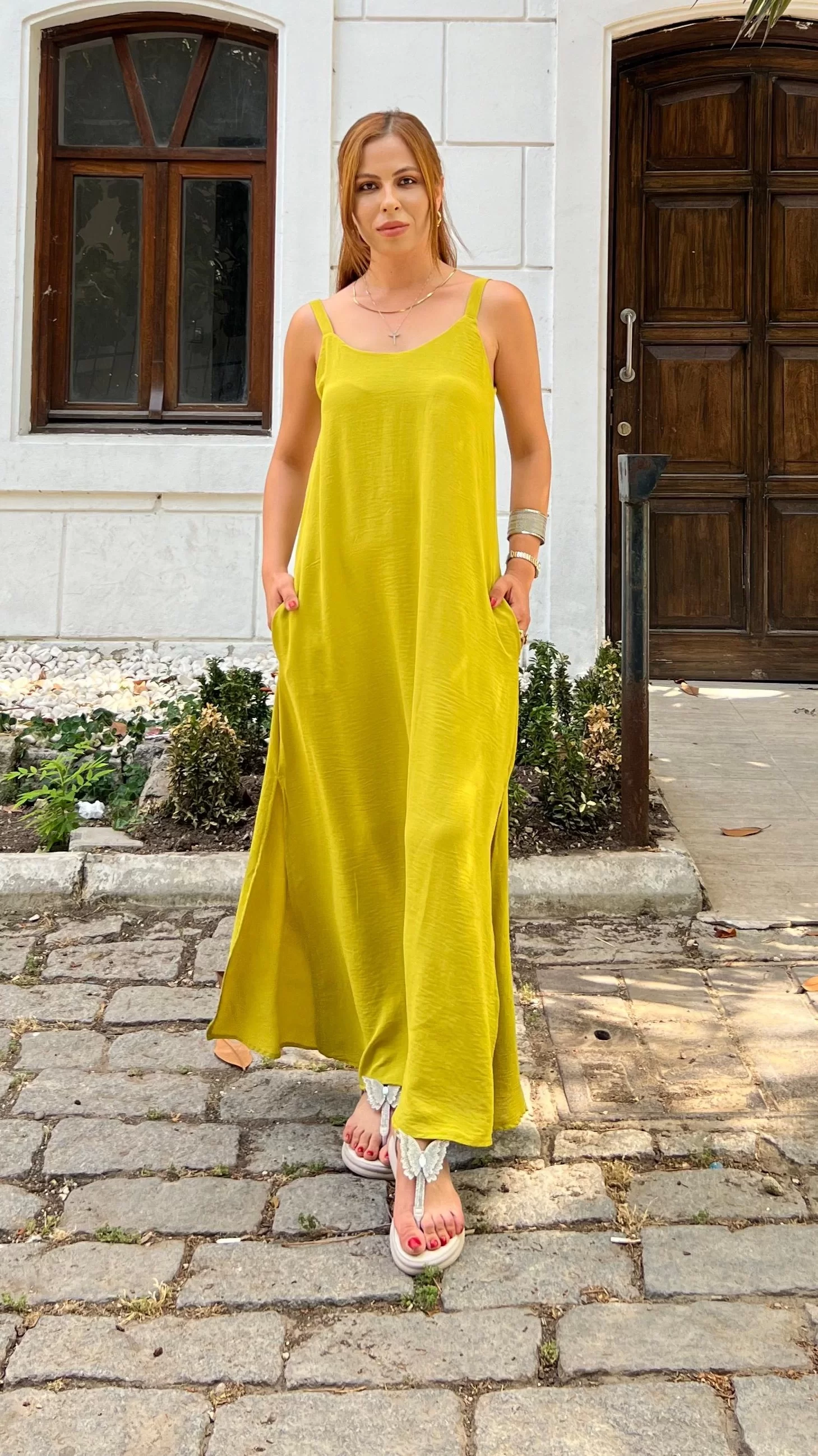 İp Askılı Yırtmaçlı Ayrobin Elbise Olive