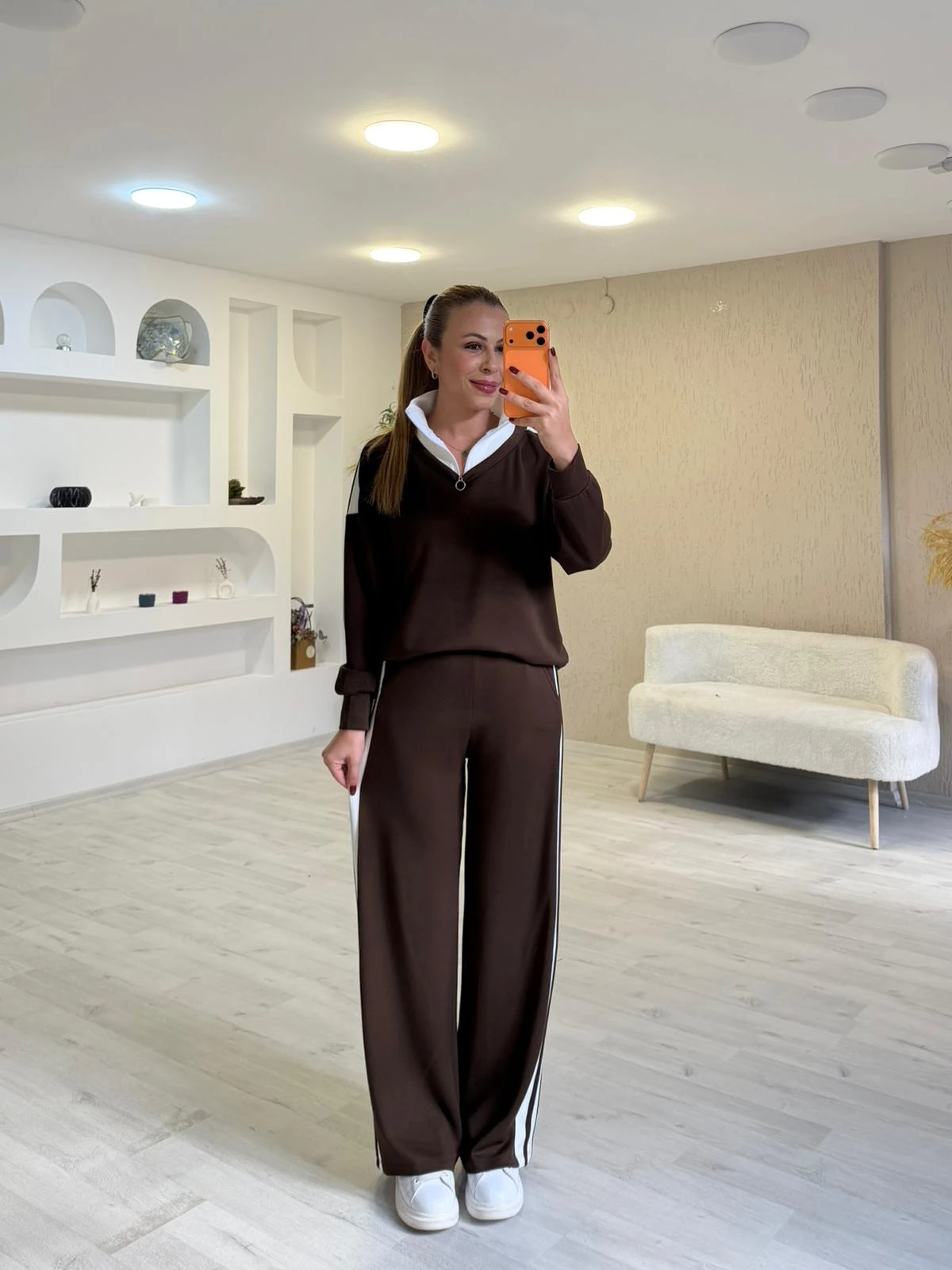 Modal Kumaş Fermuarlı Garnili Takım - Kahverengi