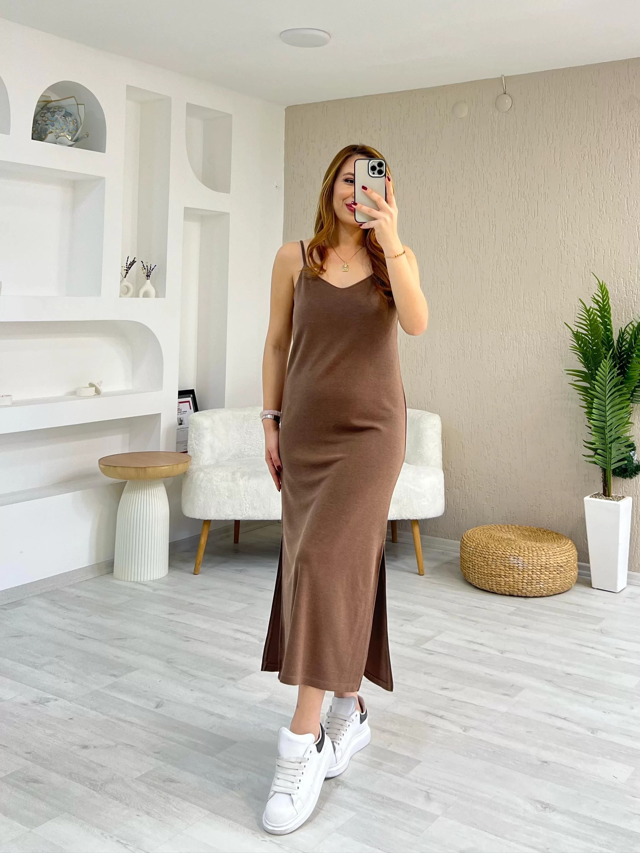 Oysho Askılı Pike Elbise Kahverengi