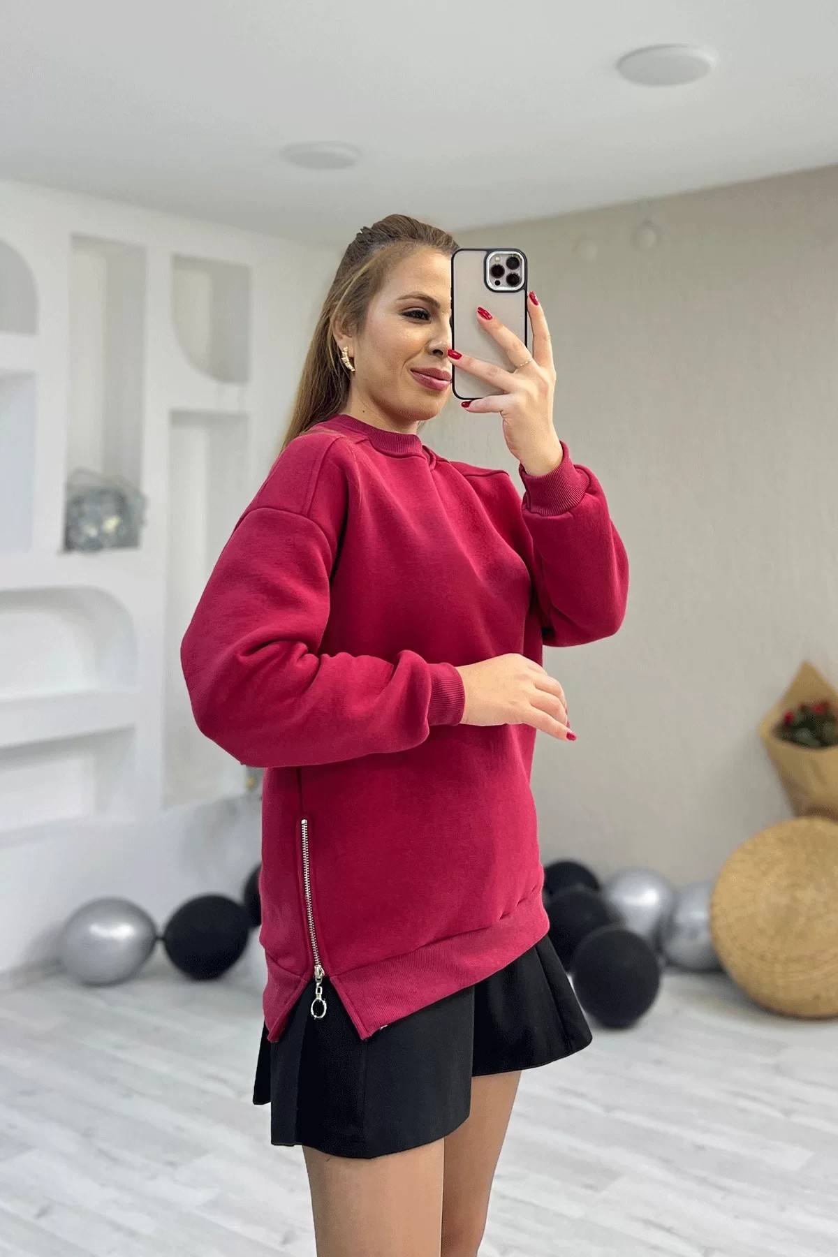 Yan Fermuarlı Kırmızı Sweatshirt