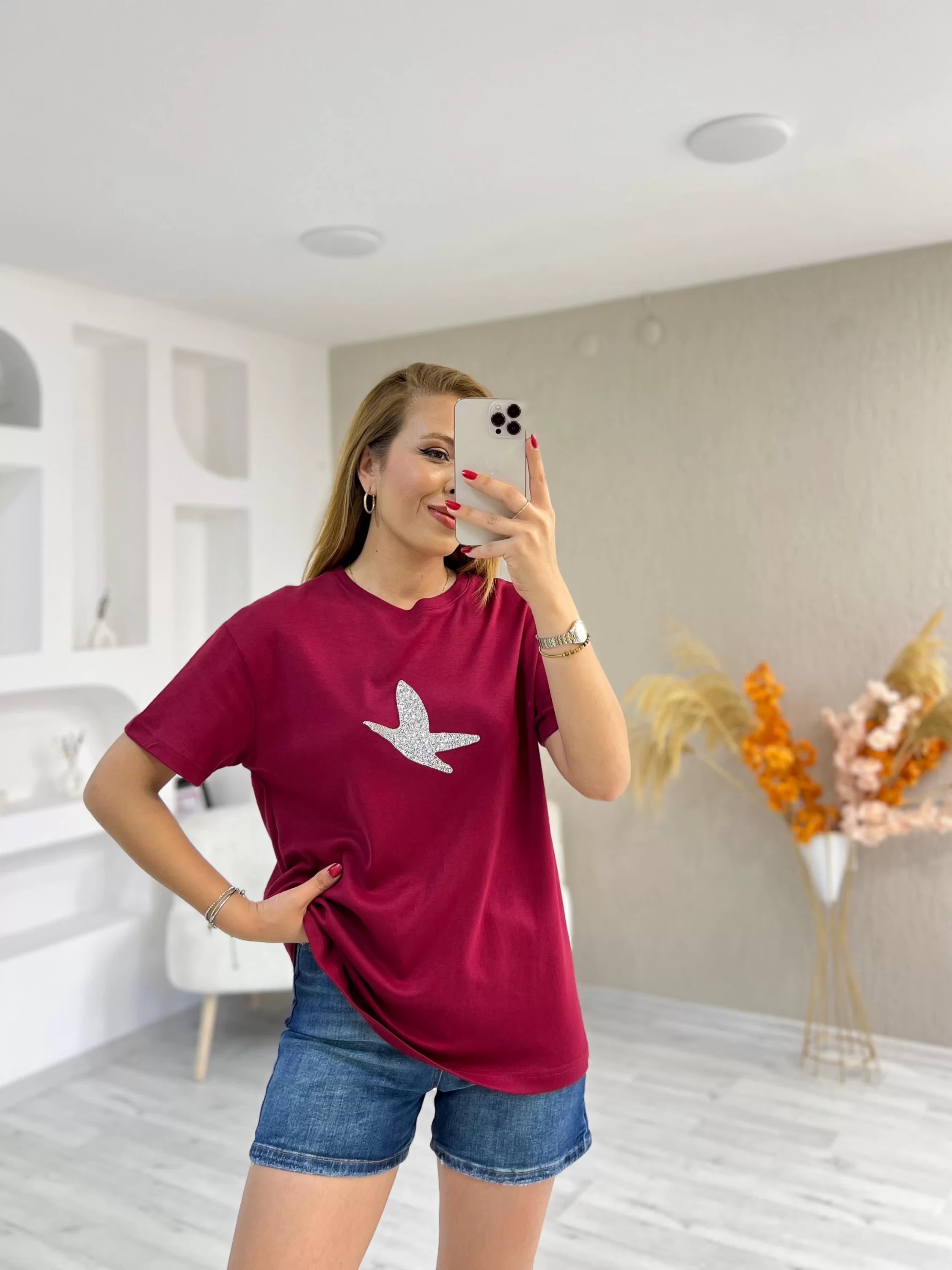 Orjinal Marka Beymen Taş Baskılı Tshirt Bordo