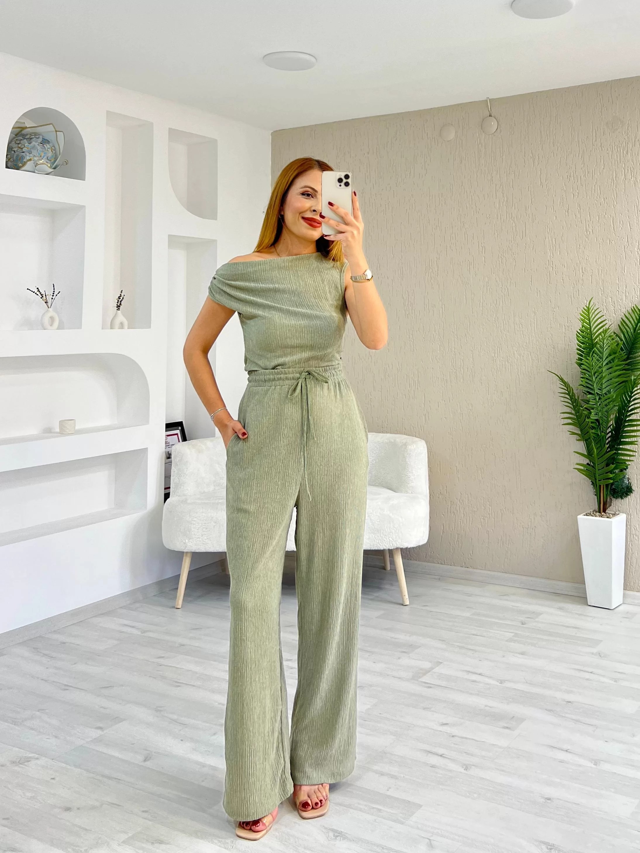 Büzgülü Omuz Detay Bürümcük Bluz Pantolon Takım Yeşil