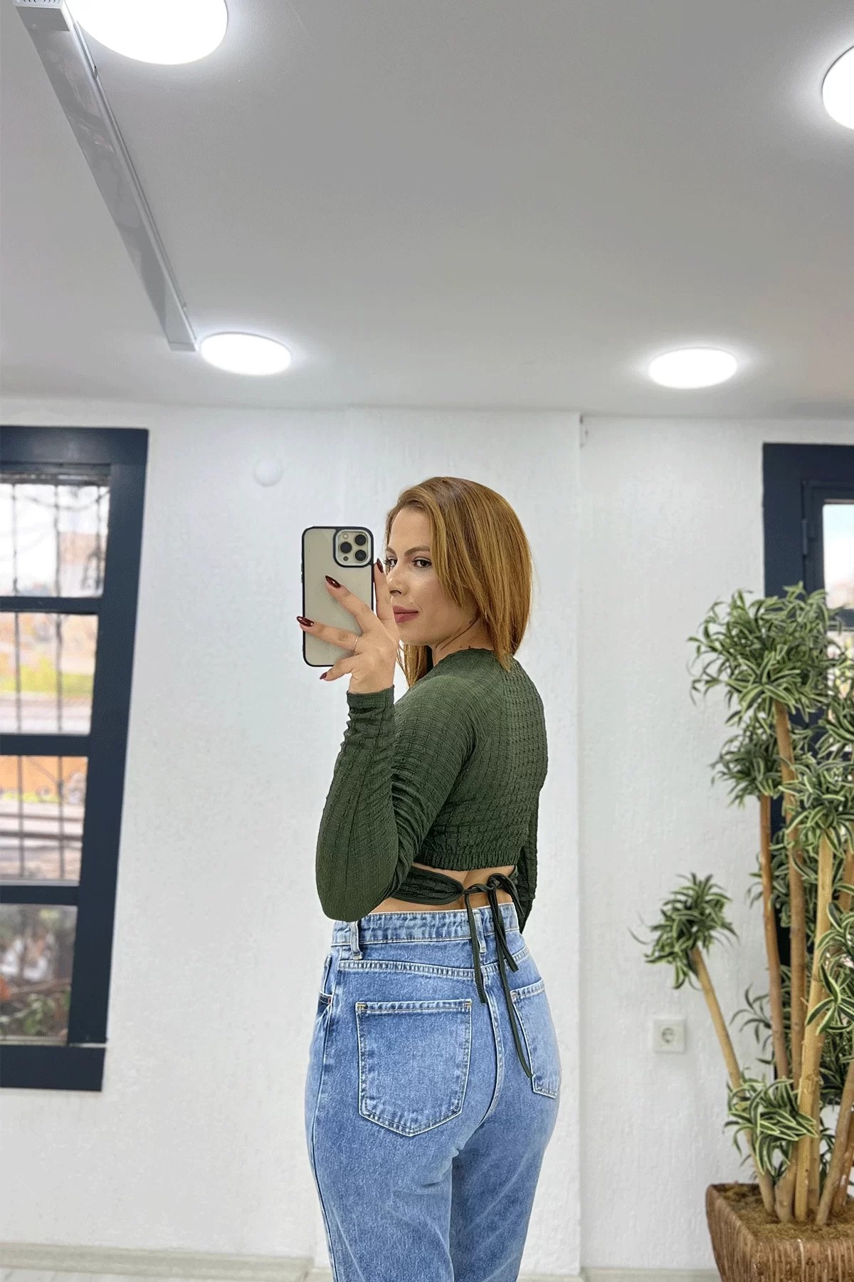 Kabartma Triko Yeşil Crop