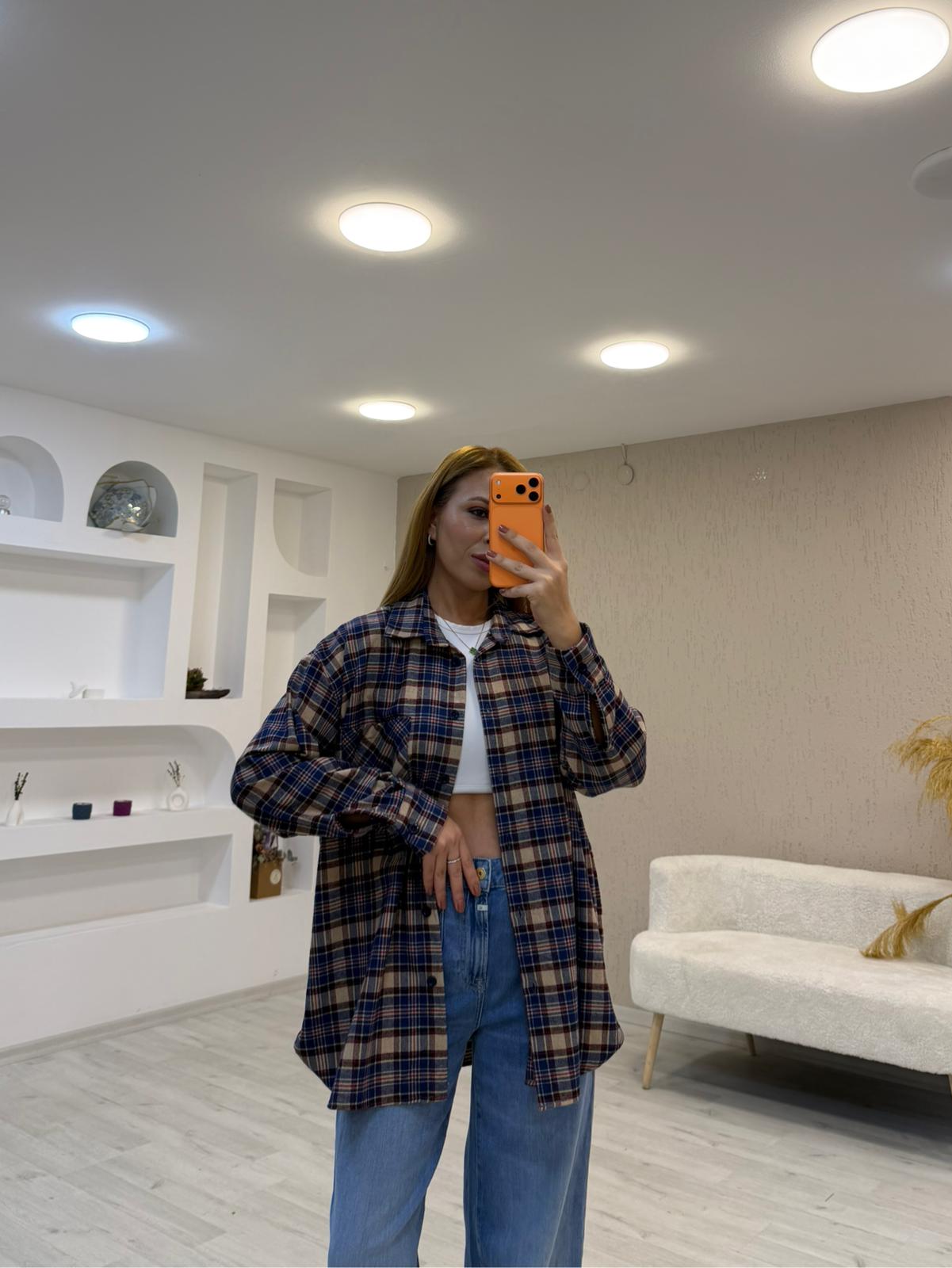 Ekose Pamuk Oversize Gömlek - Lacivert