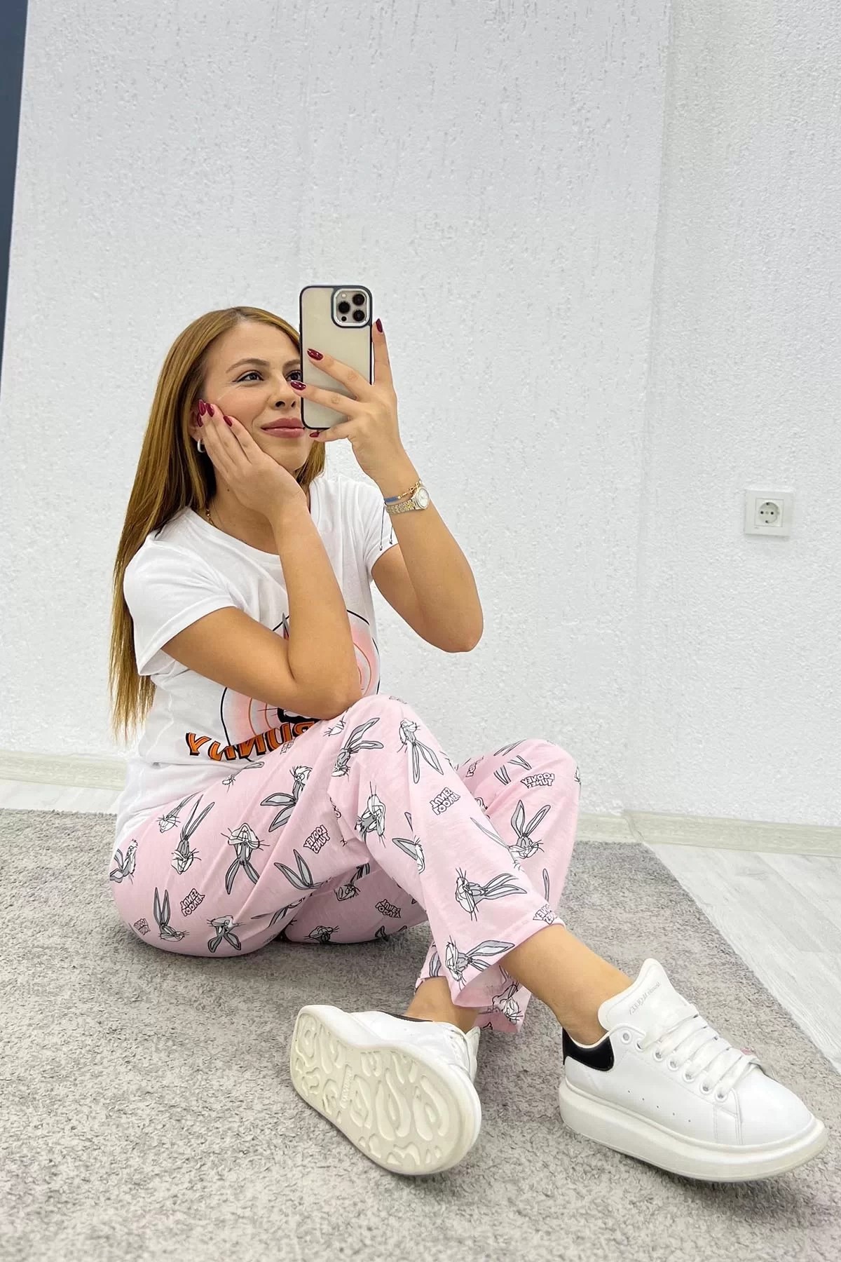 Yarım Kollu Baskılı Pijama Takımı Pembe
